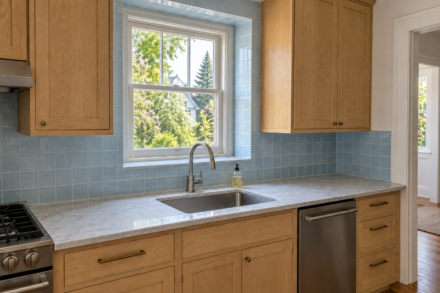 Powder blue tile continuing into a window's recessed reveal and sill above a kitchen sink, no interruption at the window frame.