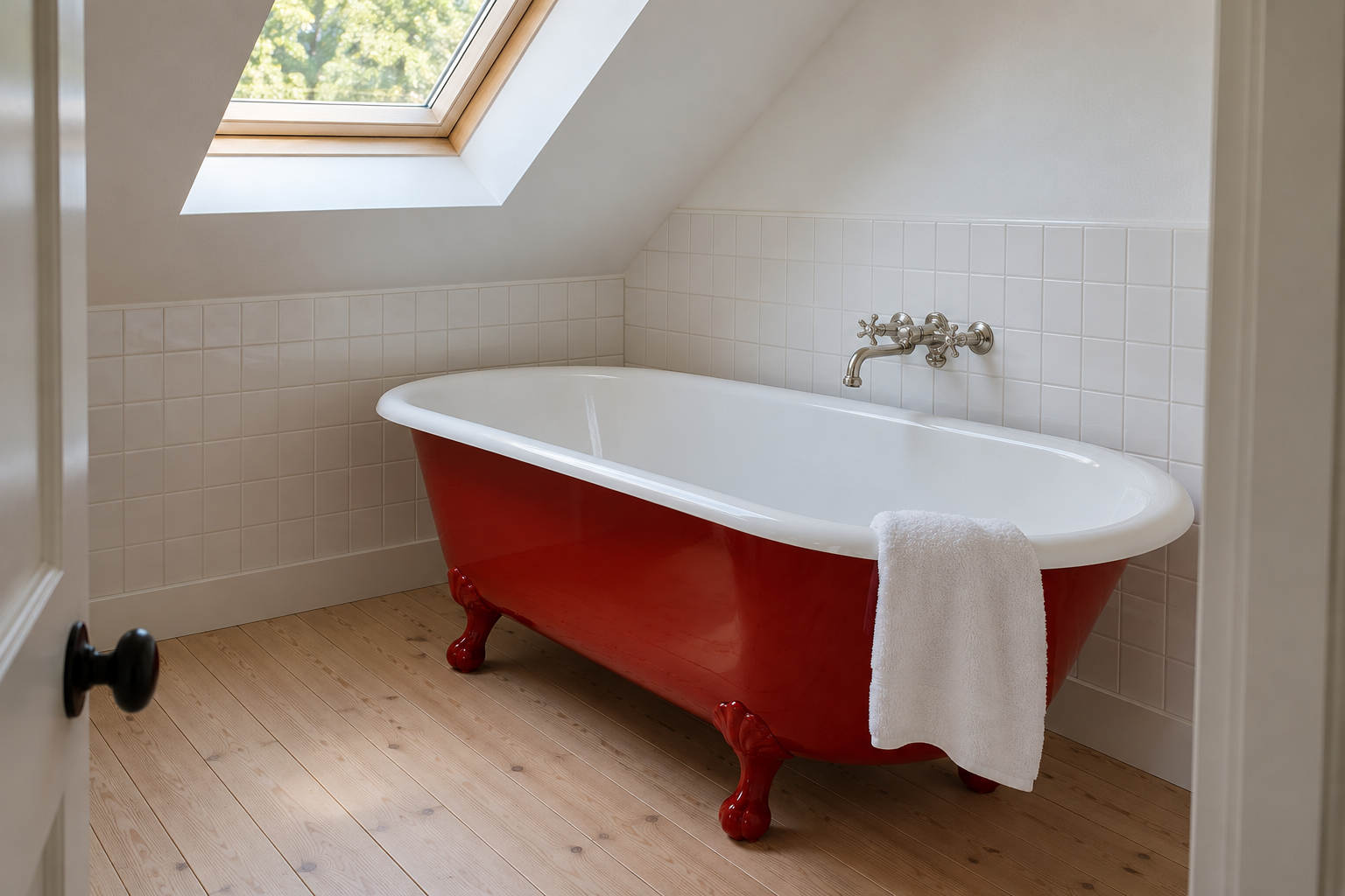 A roll-top cast iron bathtub painted tomato red under the sloped ceiling of an attic bathroom with white tile.
