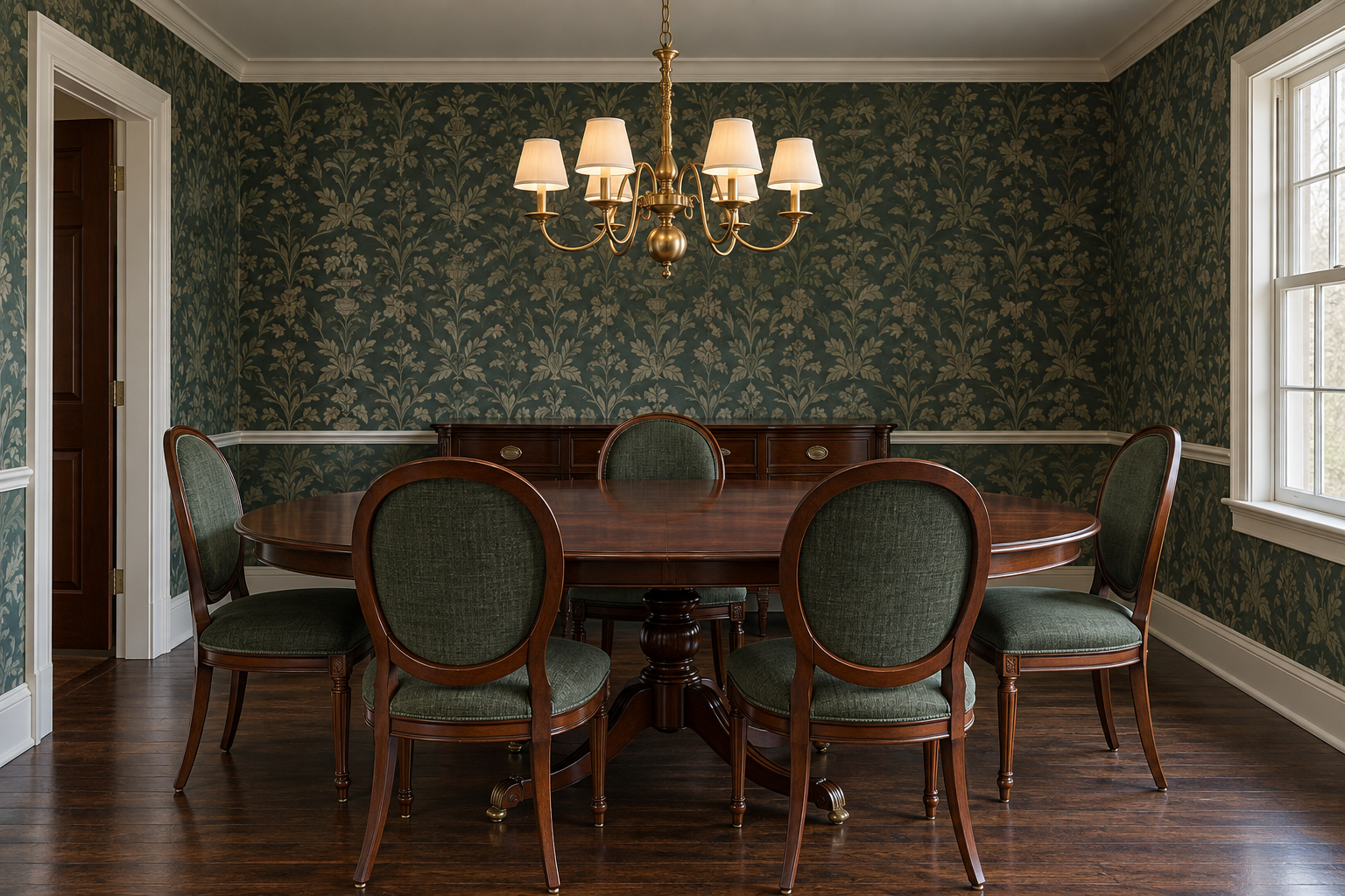 A traditional dining room with a dark mahogany pedestal-base oval table, forest-green upholstered chairs, and confident forest-green wallpaper, shown straight-on and symmetrical.