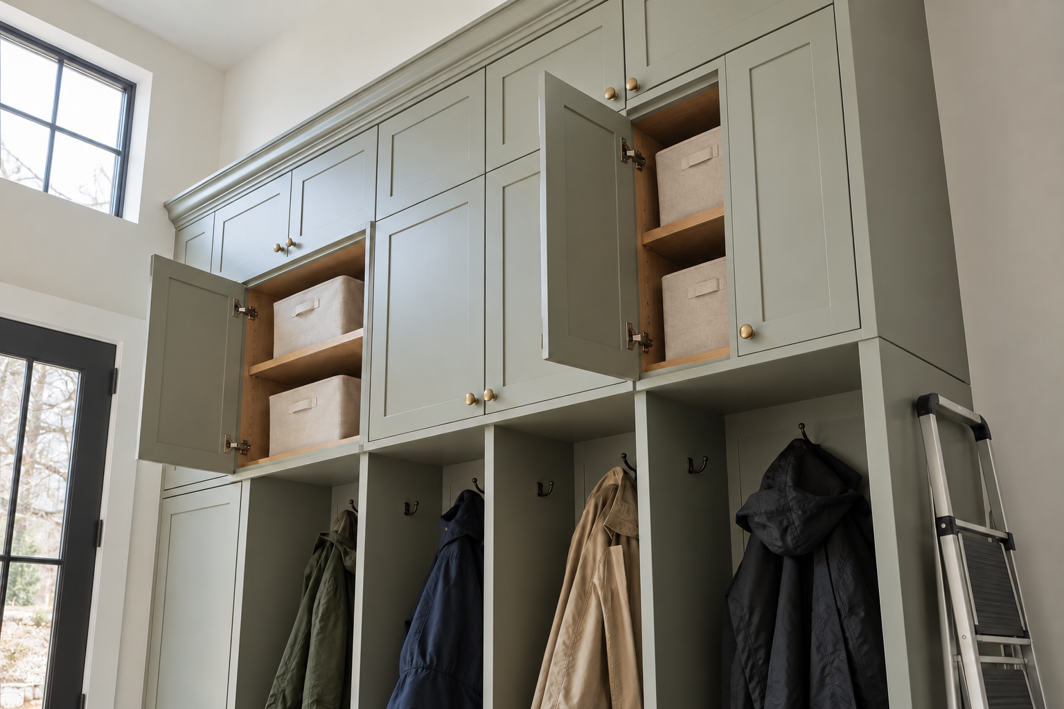 Open upper cabinets in a mudroom holding bins up to the ceiling, with a folding step stool below.