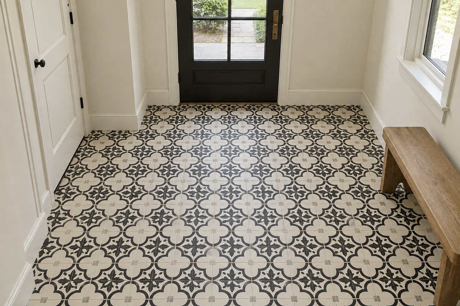A black-and-cream patterned cement tile entry floor left deliberately bare, with no rug on top of it.