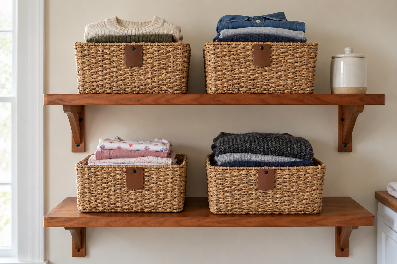 Four woven baskets of folded clean clothes on cherry wood shelves, one for each person.