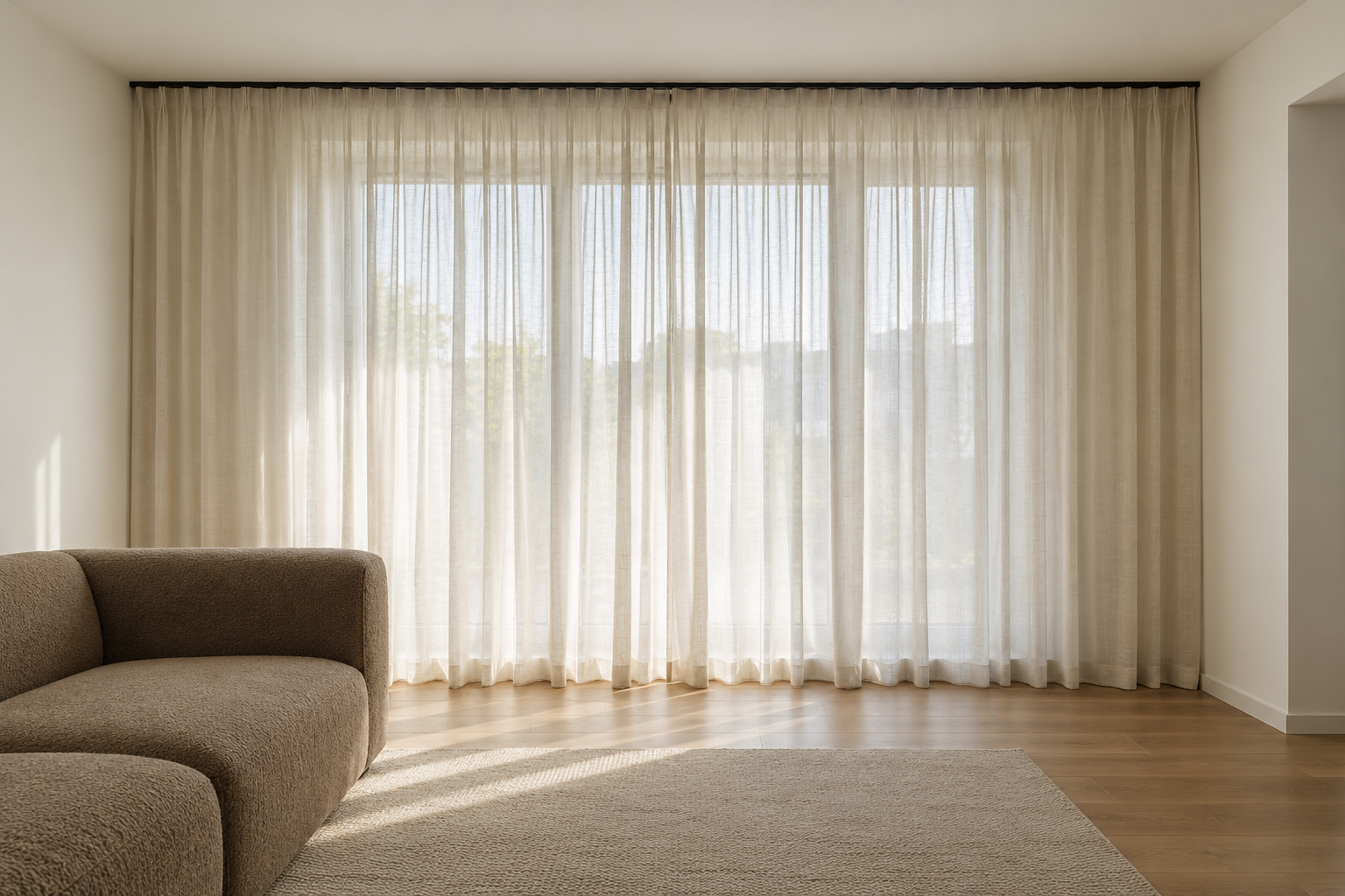 Floor-to-ceiling curtains hung from a ceiling-mounted track to visually raise a room's ceiling height.