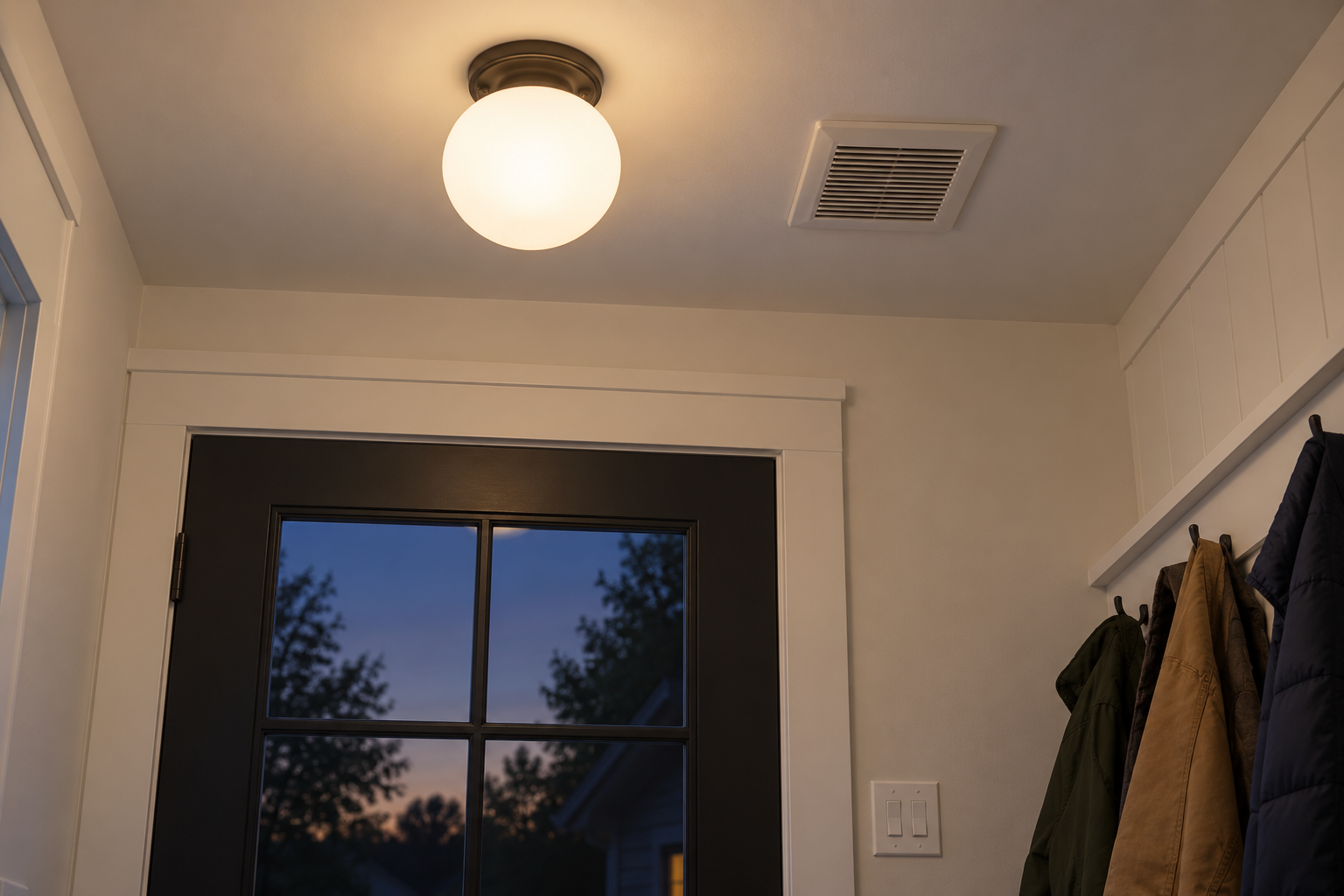 A flush globe light and a small exhaust fan grille on a mudroom ceiling, with a light switch beside the door.