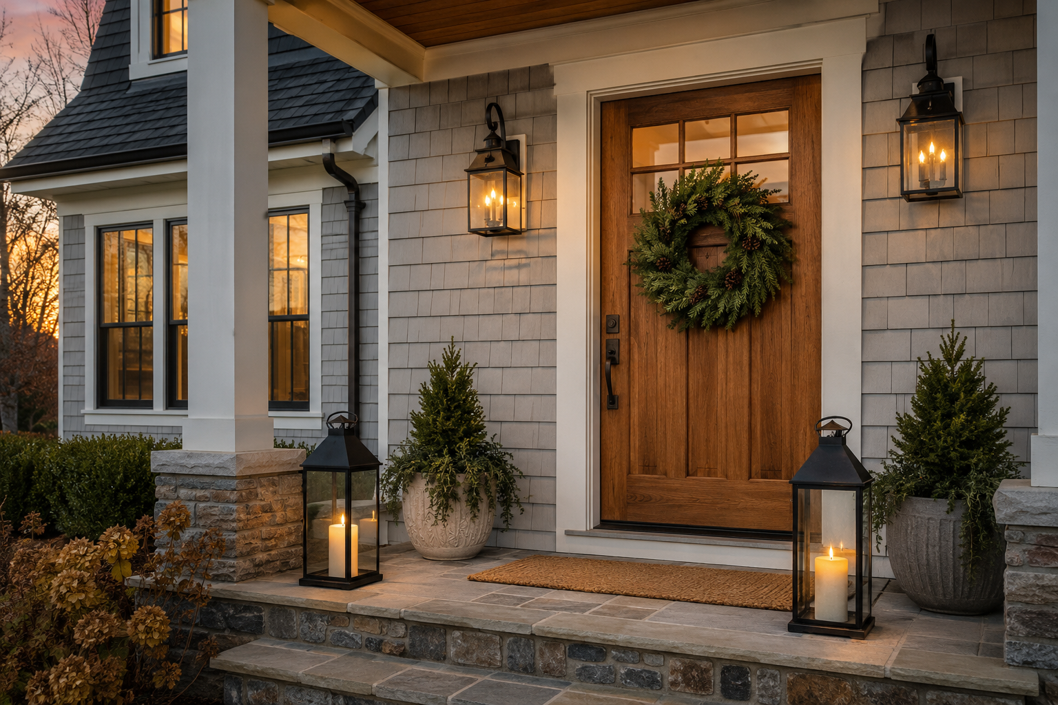A front door with a real wreath and a pair of lanterns lit in the evening