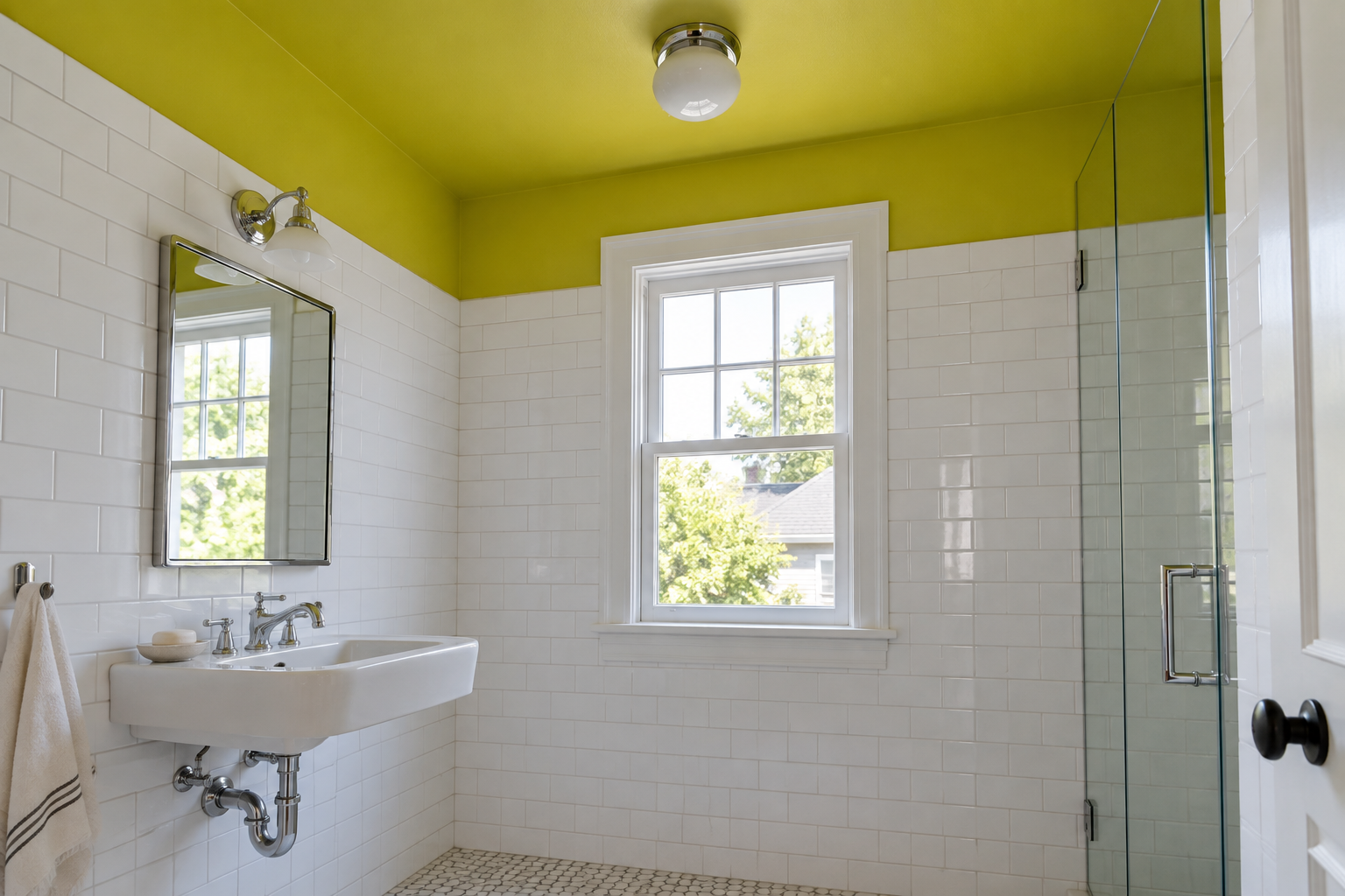 A small bathroom with a citron yellow-green painted ceiling above white tiled walls.