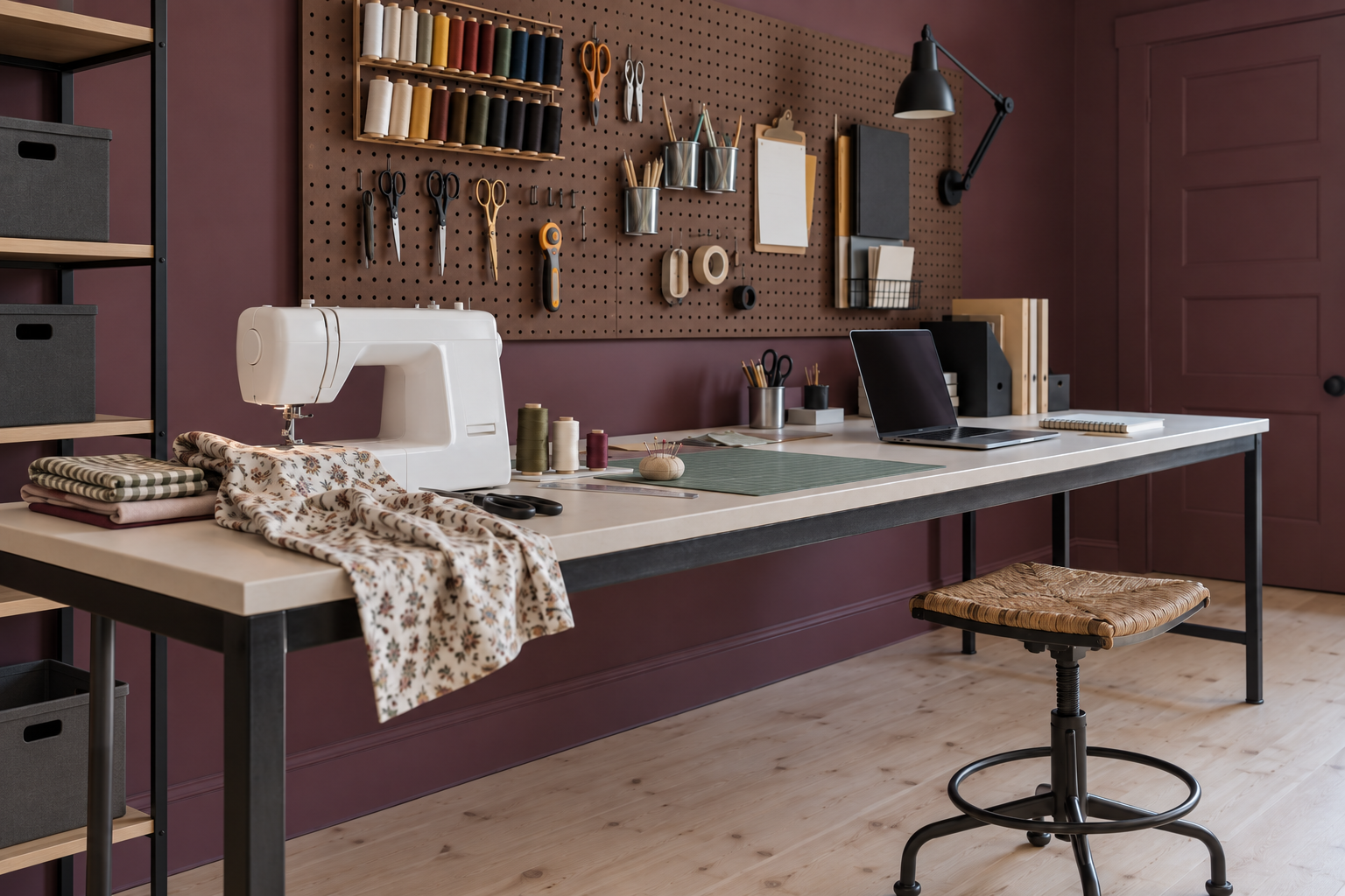 A slim steel-framed worktable in a shared craft room, holding a sewing machine at one end and a laptop at the other.