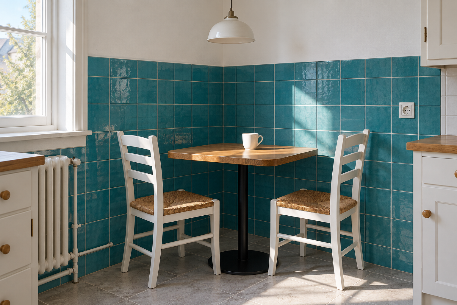 A small café table with two white ladder-back chairs in a kitchen corner lined with turquoise glazed tile up to window height.