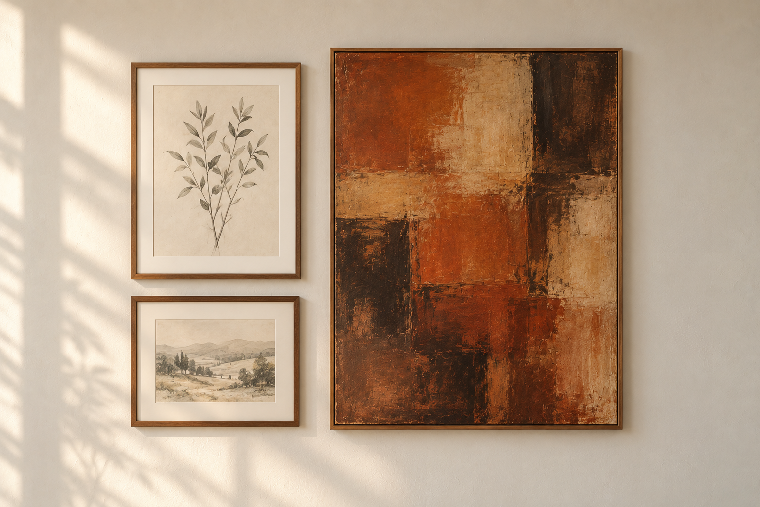 A single piece of richly toned art hung on an otherwise unchanged gallery wall for fall.