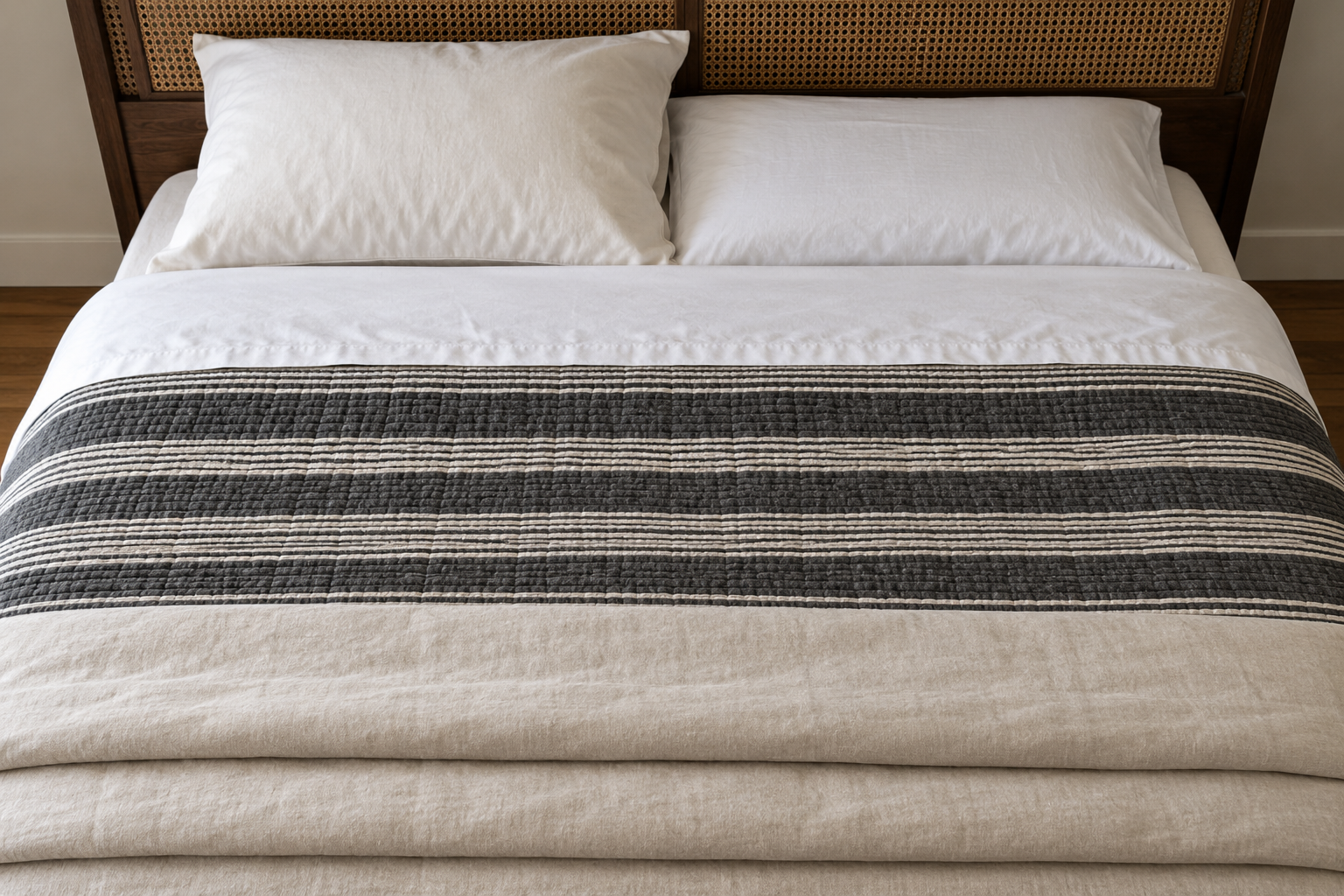 A guest bed layered with a white sheet, a striped quilt, and a folded linen duvet, with two different pillows.