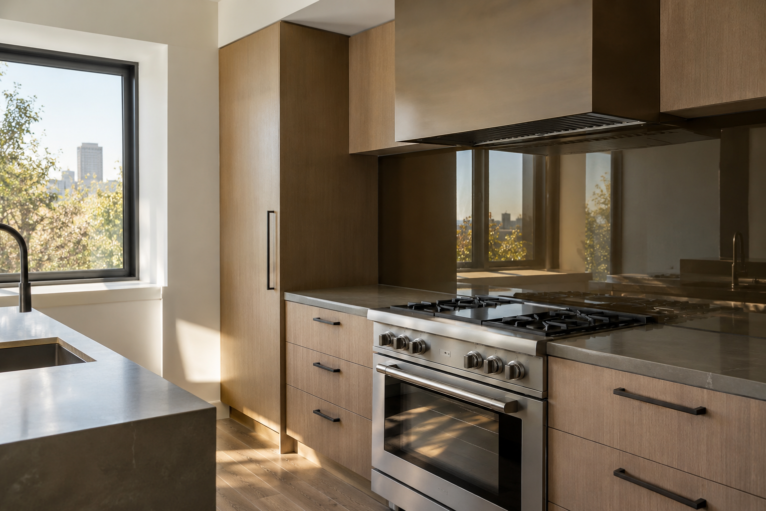 A smoked bronze glass panel used as a kitchen backsplash, reflecting window daylight into a compact kitchen.