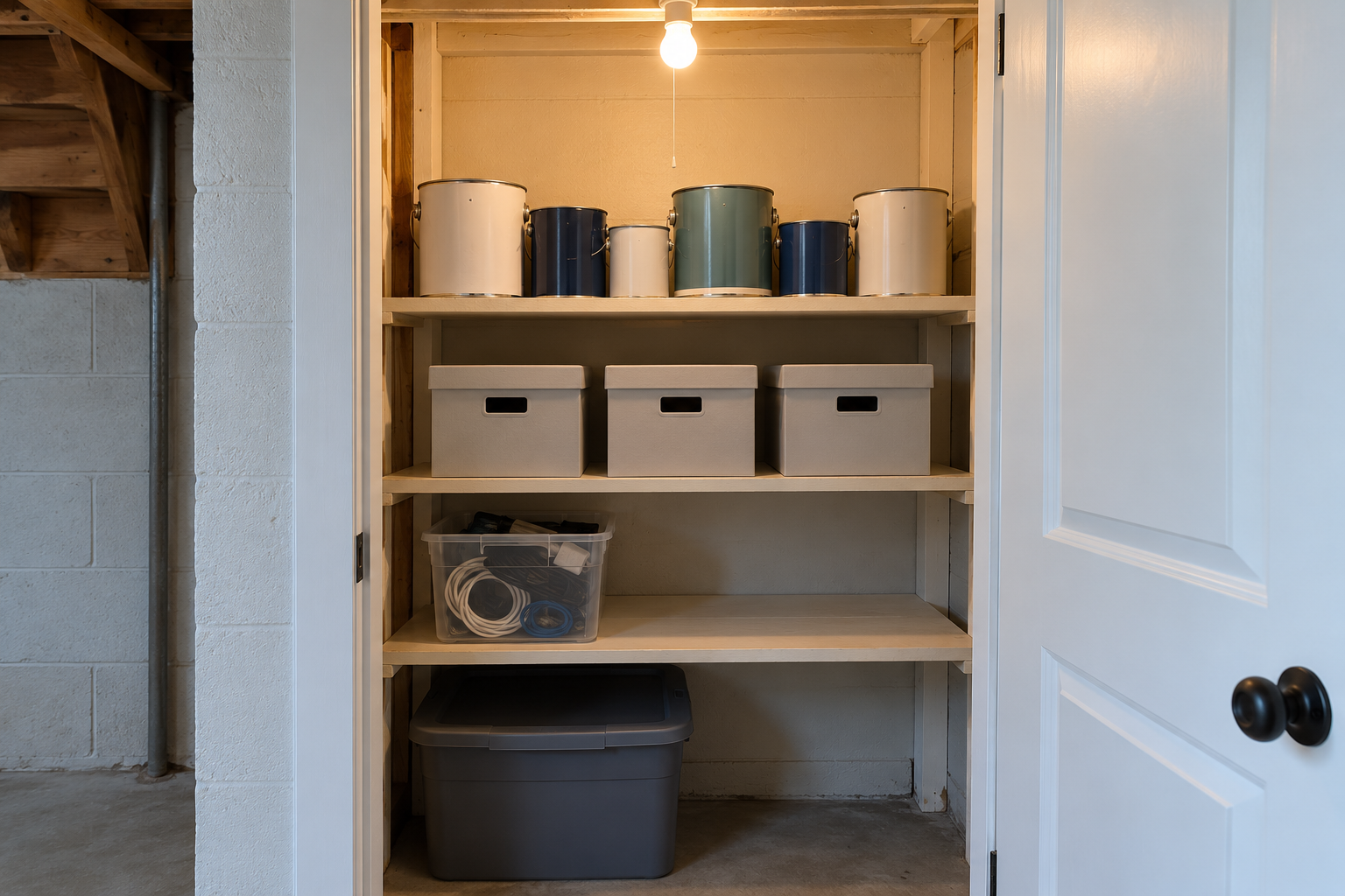 Paint cans and archive boxes on cream shelves in an indoor storage closet.