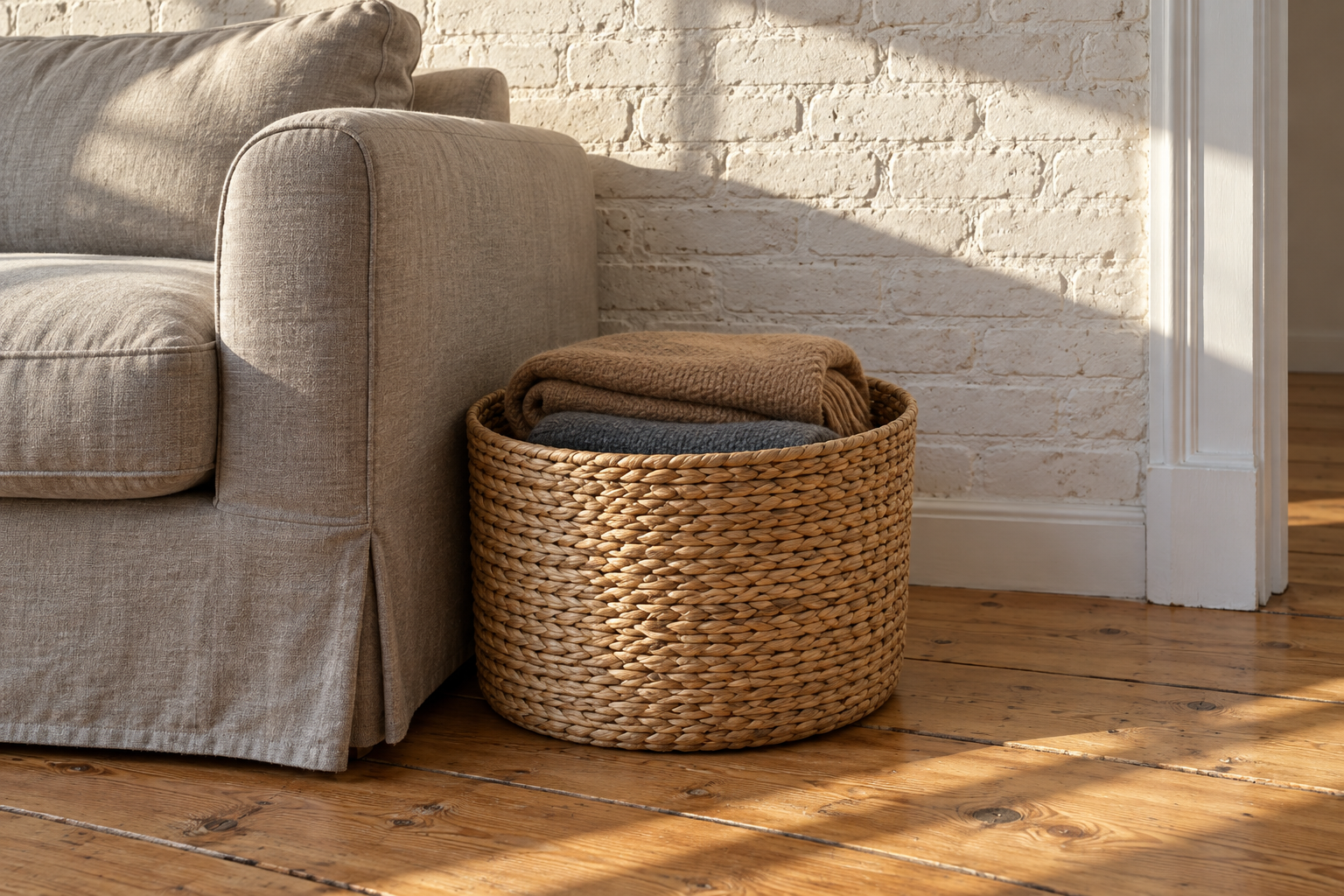A woven basket with two folded throws on the floor beside the arm of a gray linen sofa.