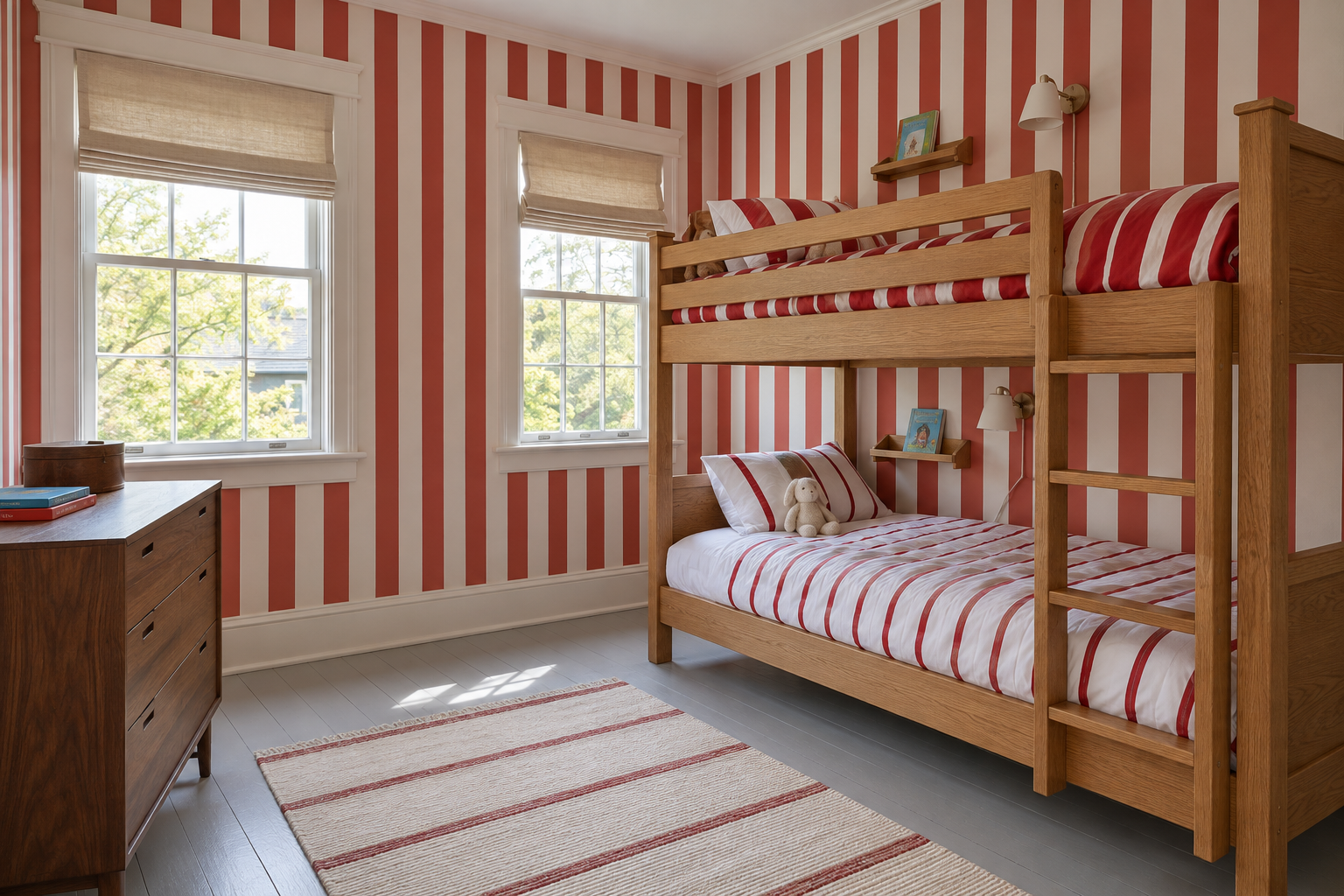 A shared bedroom with an oak bunk bed, rails on both sides of the top bunk, and a shelf and light for each bunk against striped wallpaper.