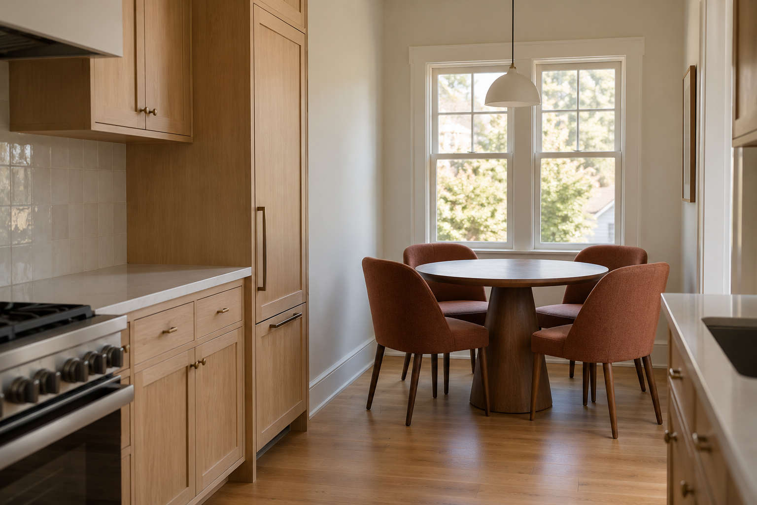 A round walnut pedestal table with rust upholstered chairs tucked into a small kitchen that has no room for an island.