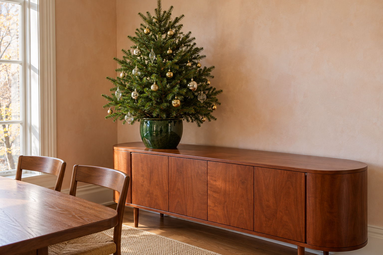 A small Christmas tree in a stoneware pot on a cherry sideboard against pale peach walls.