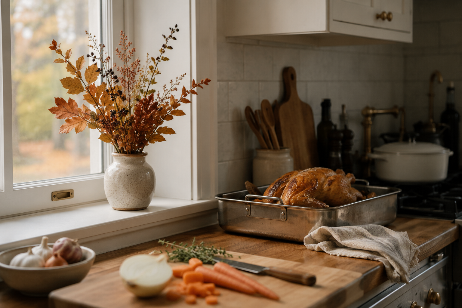 A small vase of fall stems on a kitchen windowsill during Thanksgiving preparation