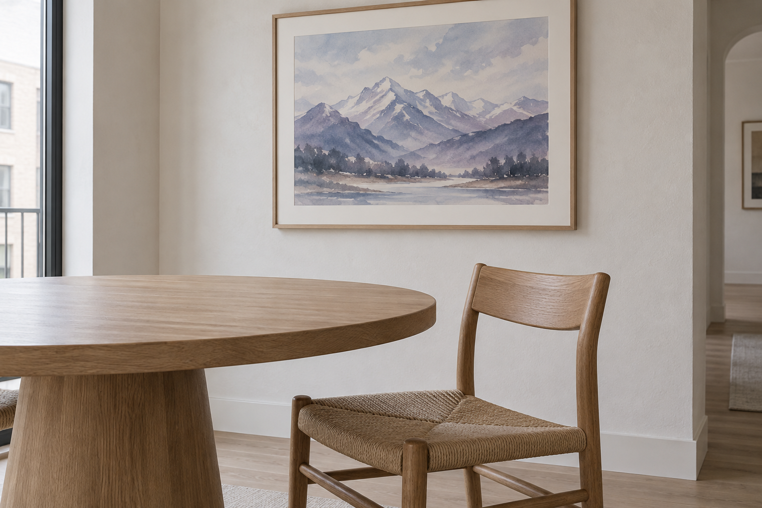 A close vignette of a watercolor mountain-range artwork in cool blue-lilac tones beside a natural oak pedestal dining table and a woven-cord dining chair.