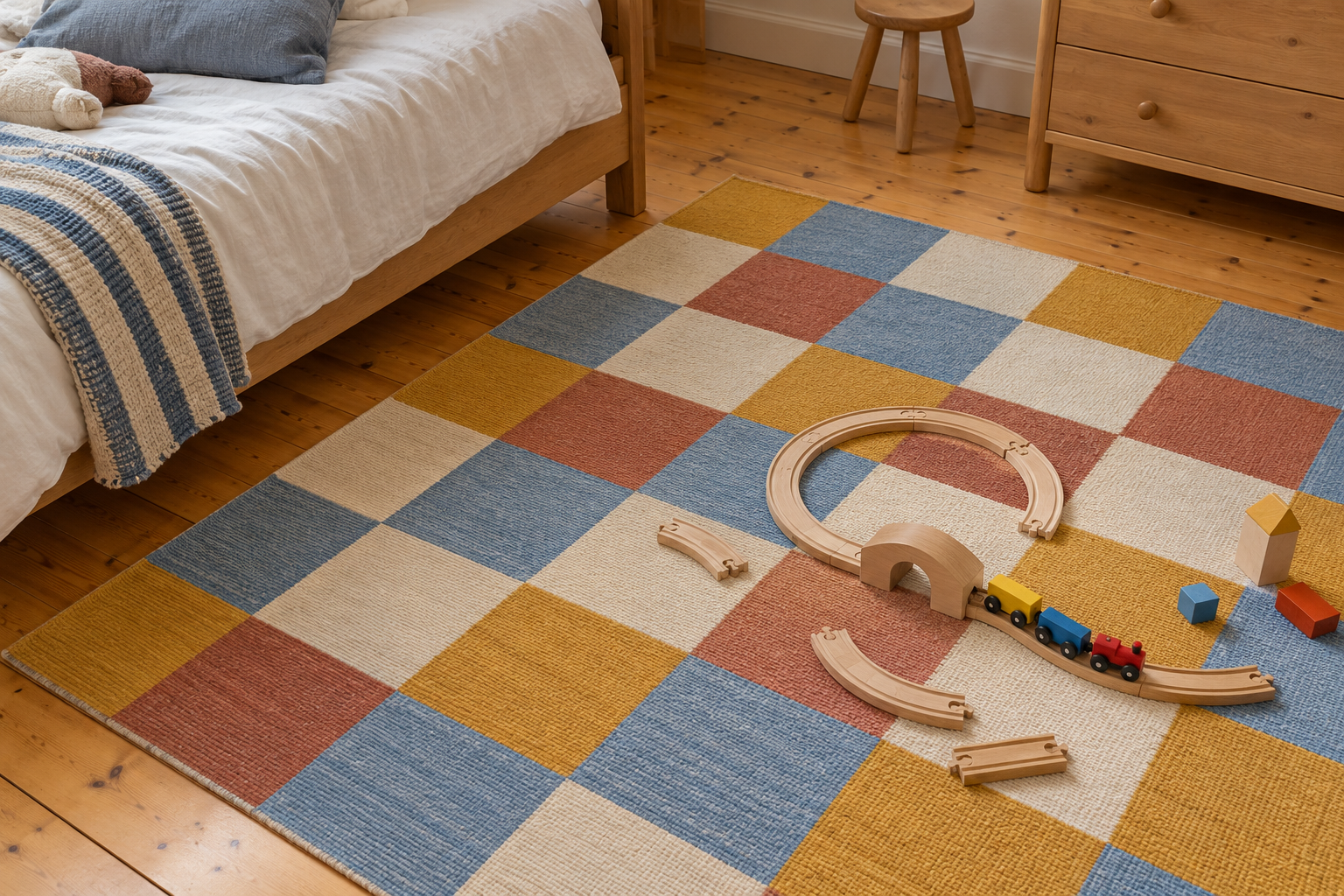 A multicolor checkerboard flatweave rug beside a child's bed with a wooden train track on it.
