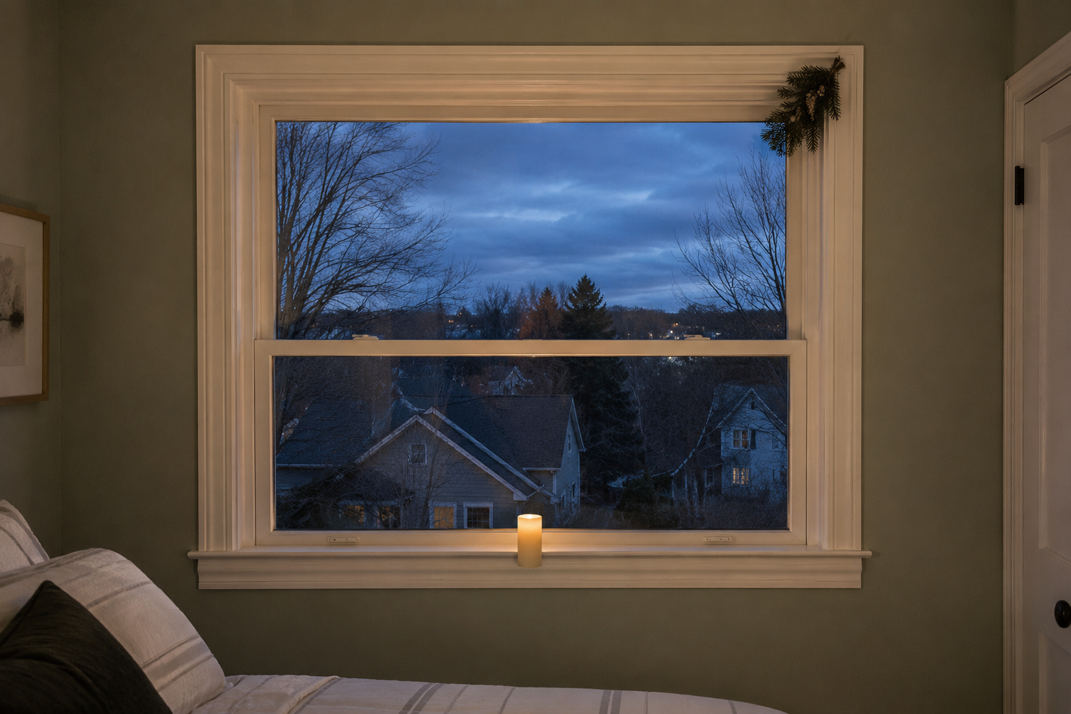A single candle centered in a bedroom window at dusk