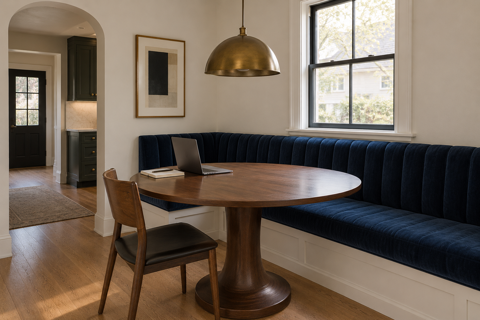 A navy velvet banquette and a fluted-pedestal dining table doubling as a desk, with a laptop at one end and breakfast items at the other.