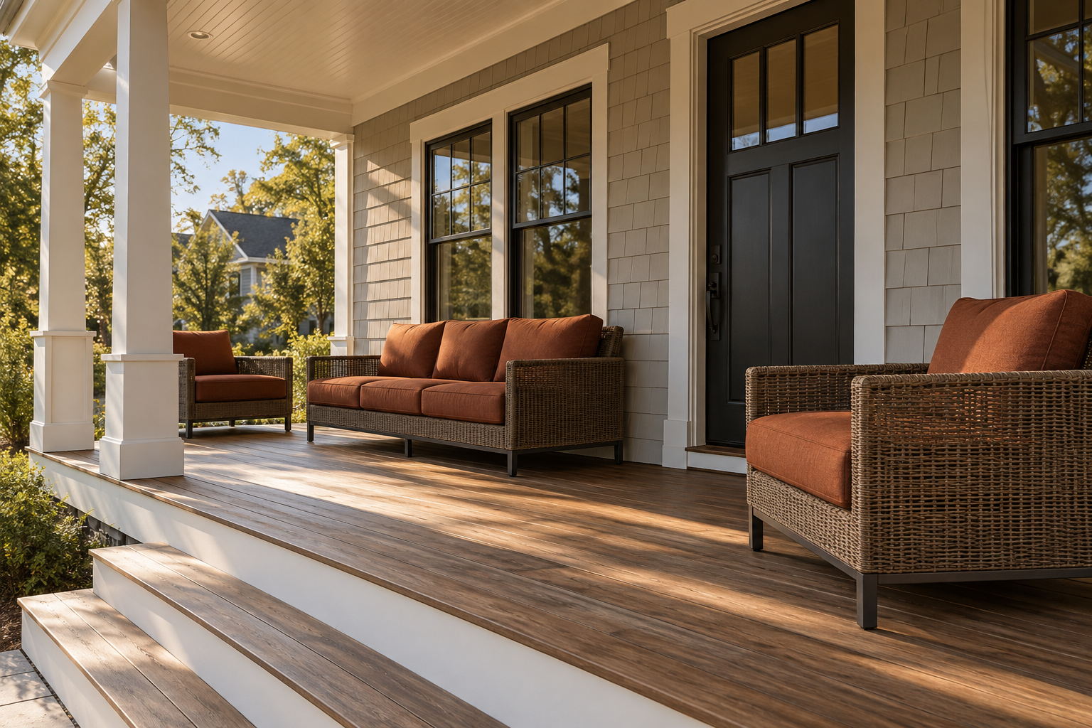 A covered porch with low-profile woven-frame seating and integral rust-toned cushions in warm late-afternoon light.