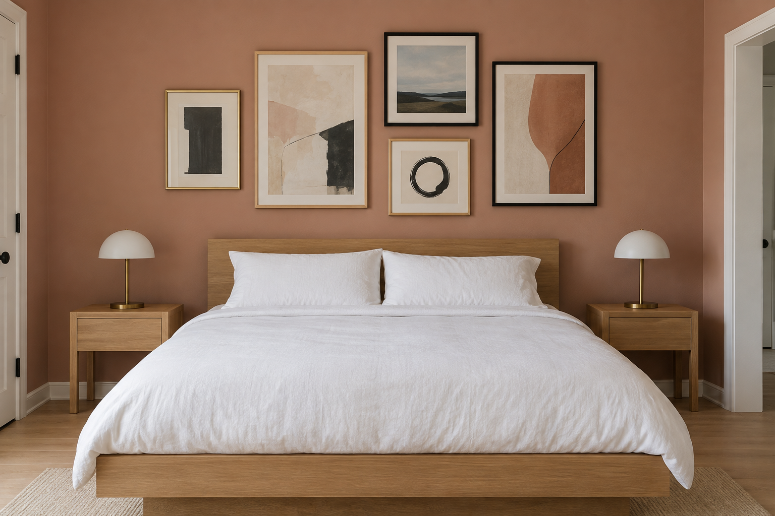 Five mixed-frame art pieces grouped with roughly aligned outer edges above a bed's headboard, against a warm clay-pink wall.