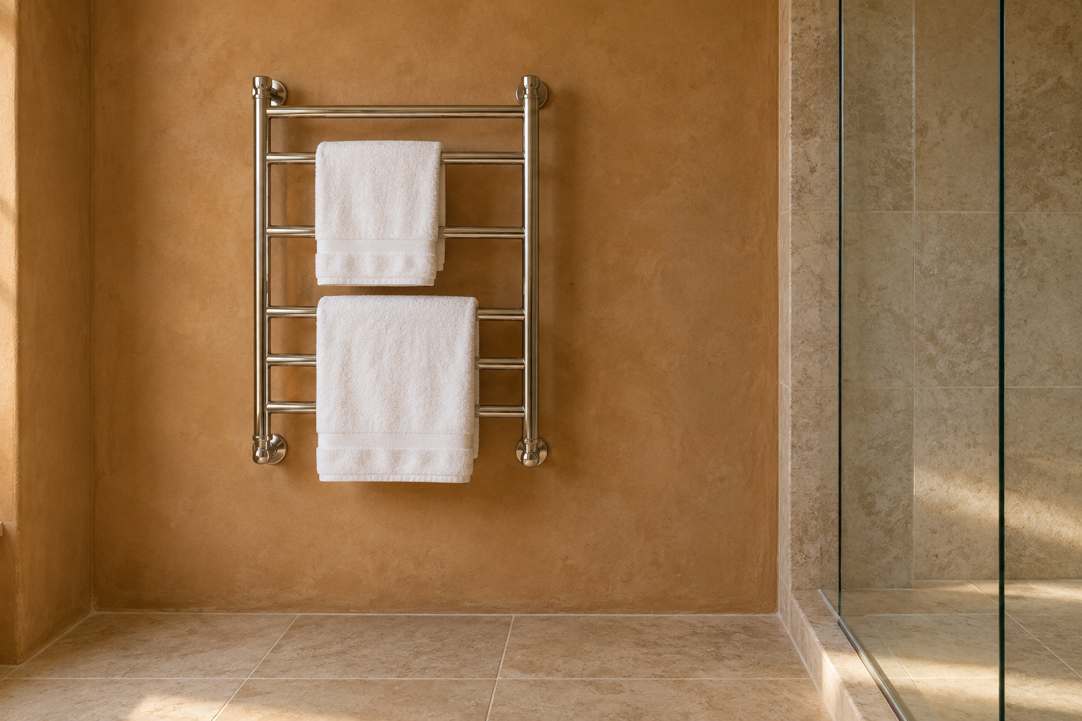 A polished nickel heated towel rail with two towels on a caramel plaster wall beside a glass shower.
