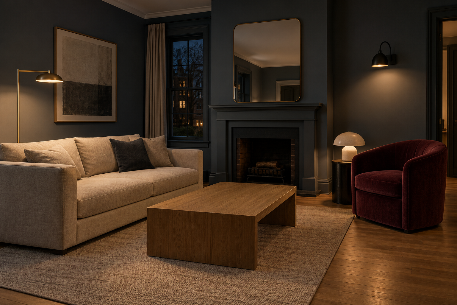 A living room lit in the evening by three distinct layered light sources: a floor lamp, a table lamp, and a wall sconce.