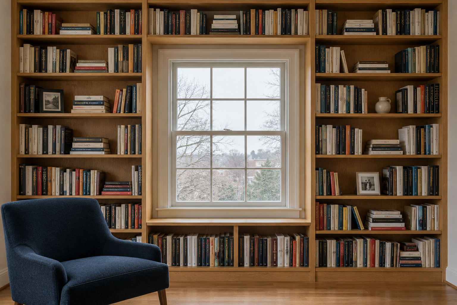 Oak shelves full of books around a living room window, with a blue reading chair in front.
