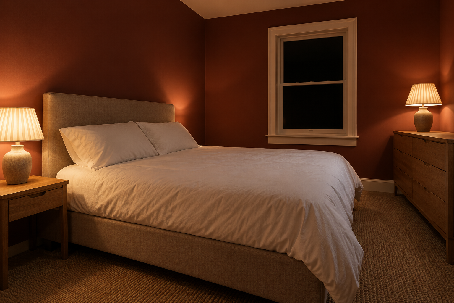 A guest bedroom with oxblood walls lit by two table lamps at night.