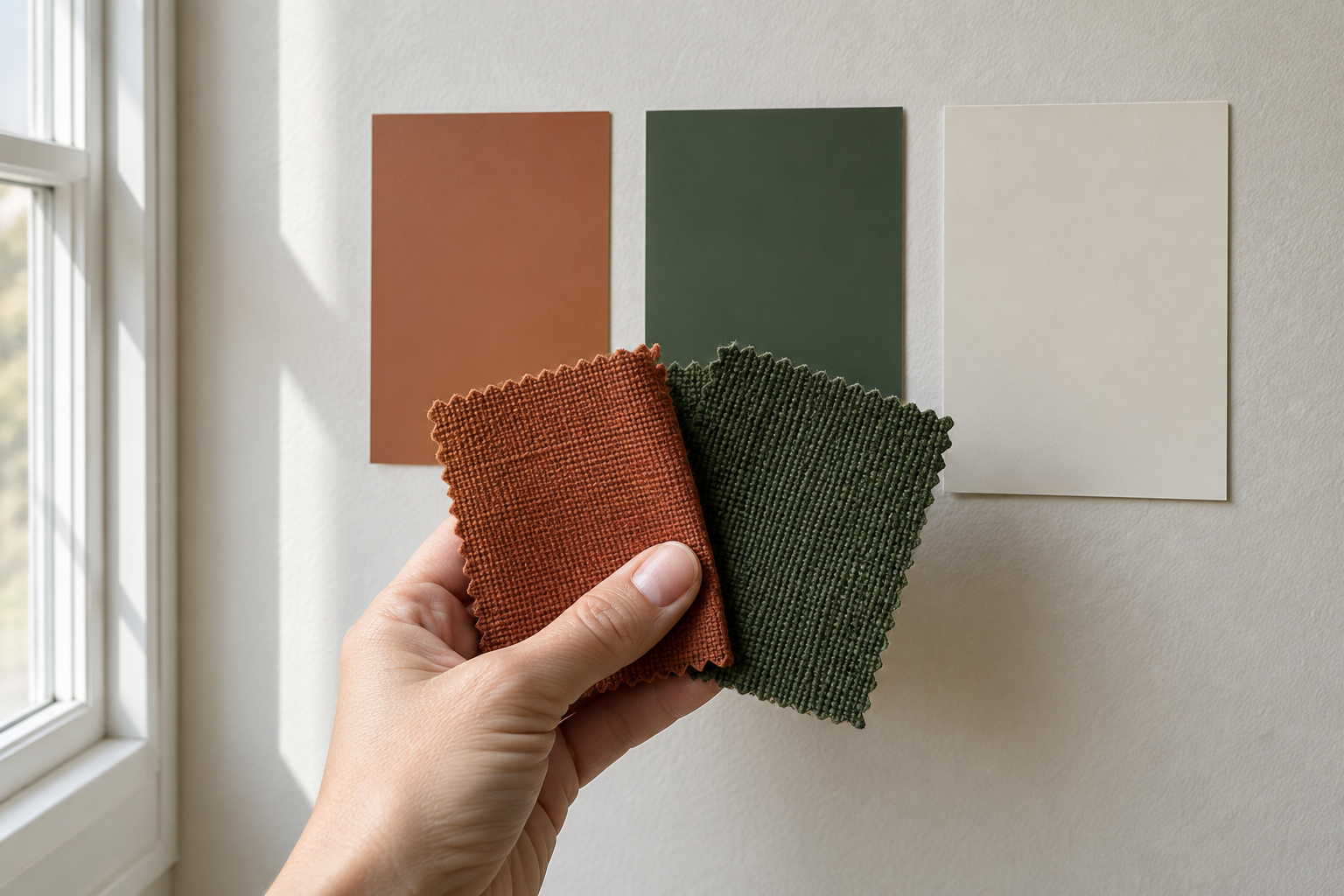 A hand holding two fabric swatches against terracotta, forest green, and warm white paint chips on a wall in daylight.