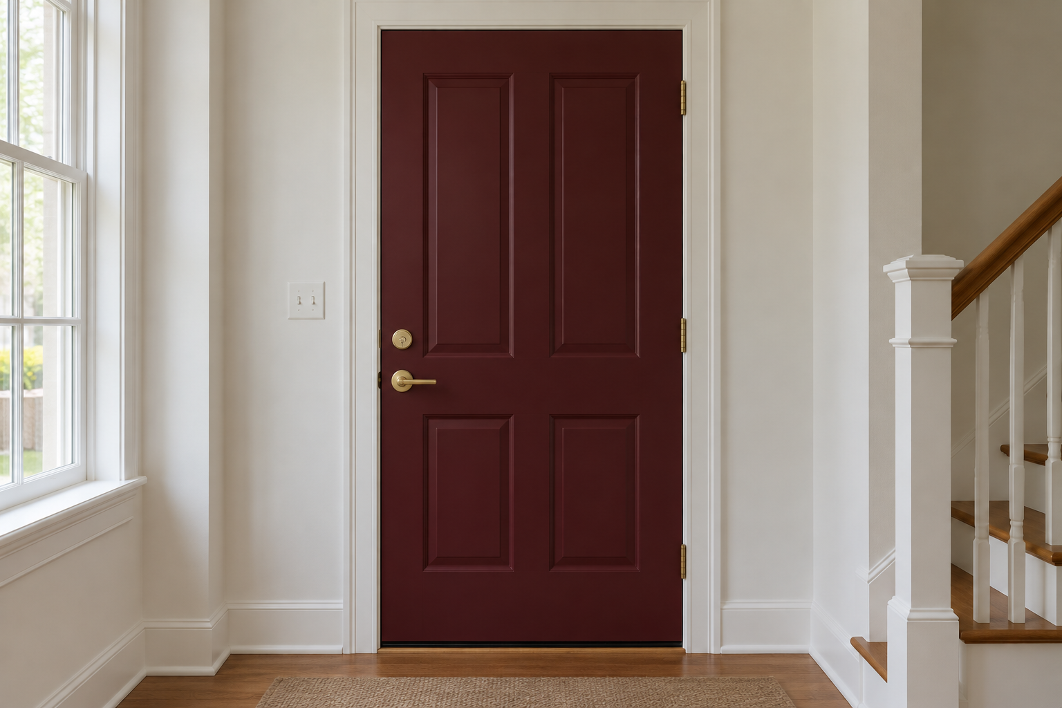 The interior face of a front door painted a confident burgundy, framed by white trim and brass hardware.