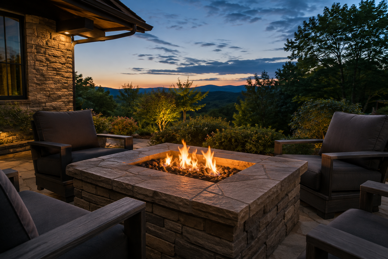 A built-in fire table surrounded by lounge chairs at dusk