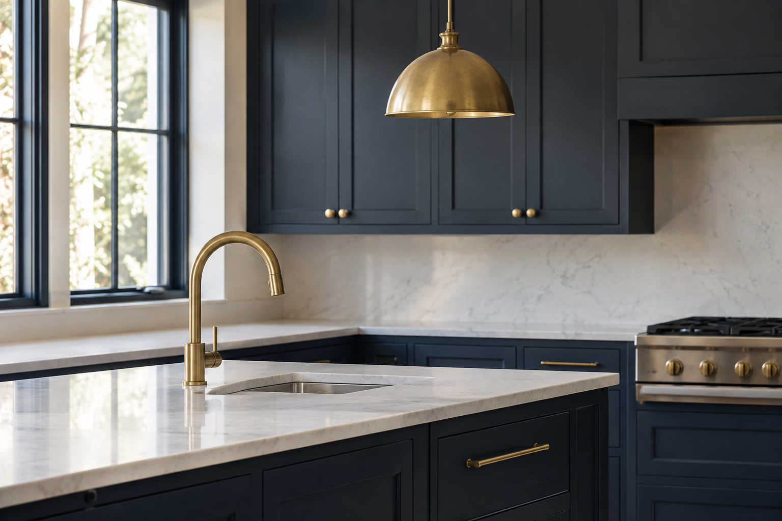 Unlacquered brass repeating across a faucet, cabinet pull, and pendant fixture in one compressed frame against deep navy cabinetry.