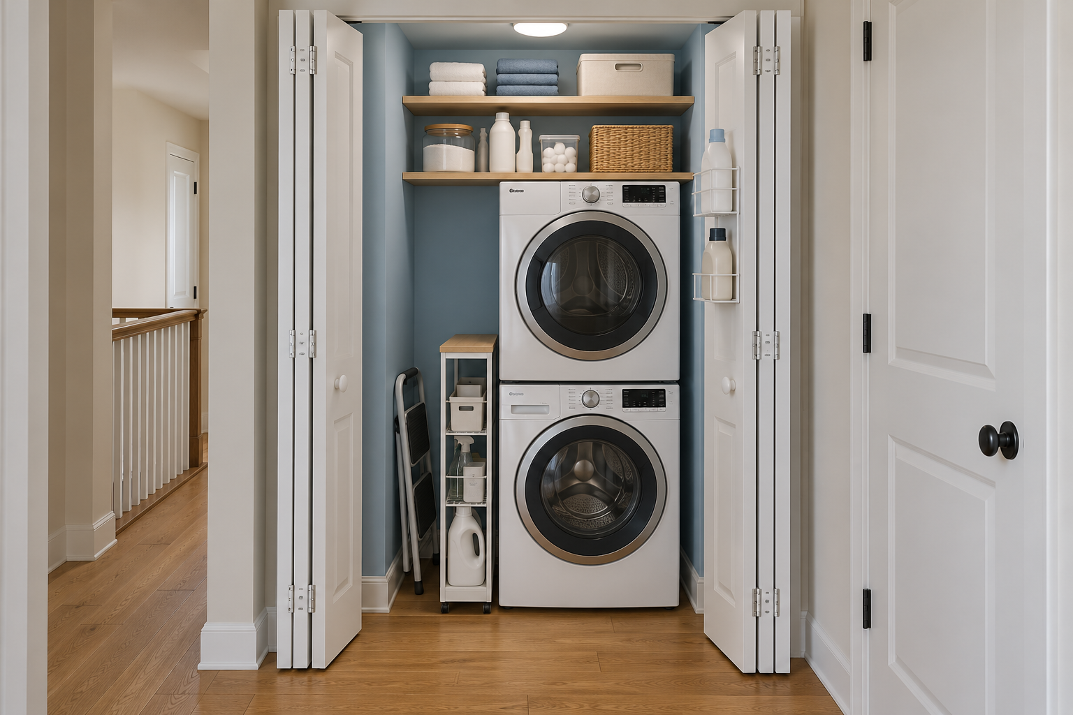 A hallway laundry closet with a stacked washer and dryer, shelves above, and bifold doors open.