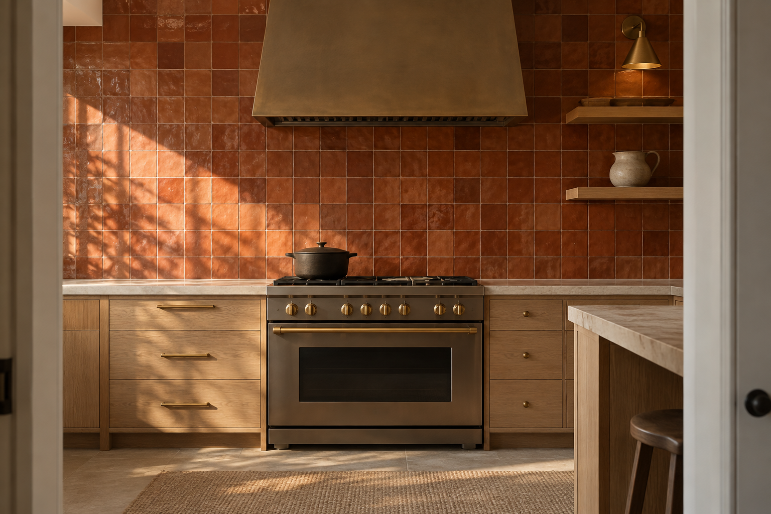 Burnt-orange terracotta zellige tile with visible tonal variation against white oak cabinetry and brass fixtures.