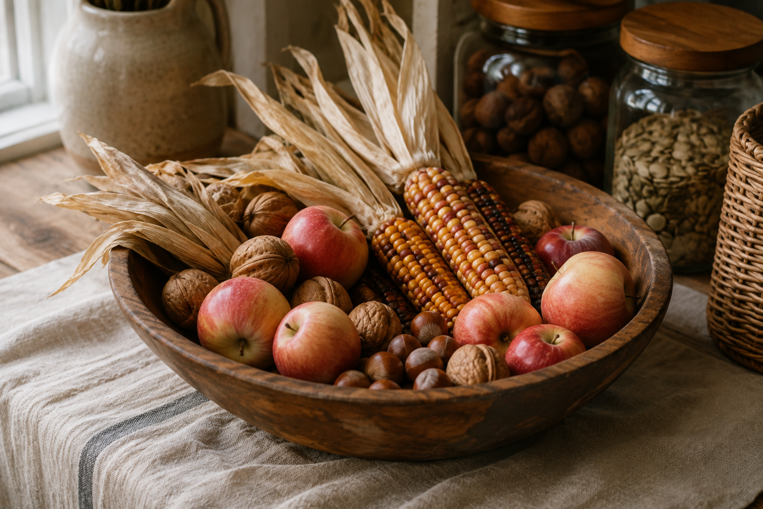 Dried corn, nuts, and apples from the pantry arranged as natural Thanksgiving styling