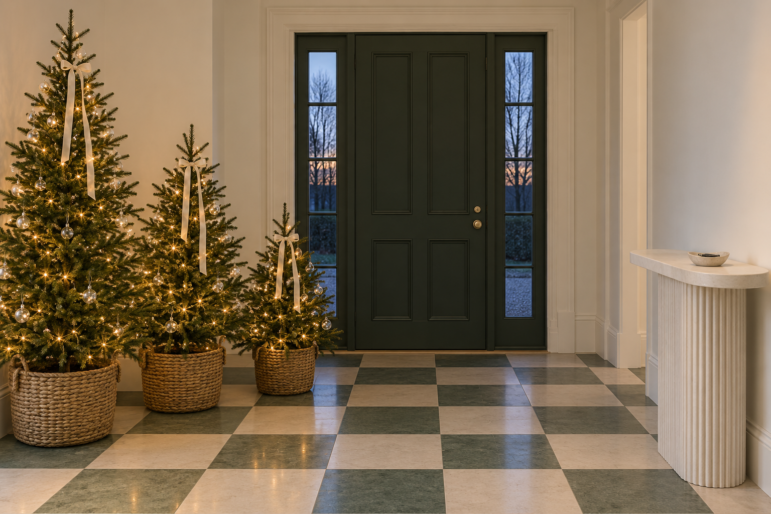 Three Christmas trees of different heights in woven baskets in an entry hall with a checkerboard floor.