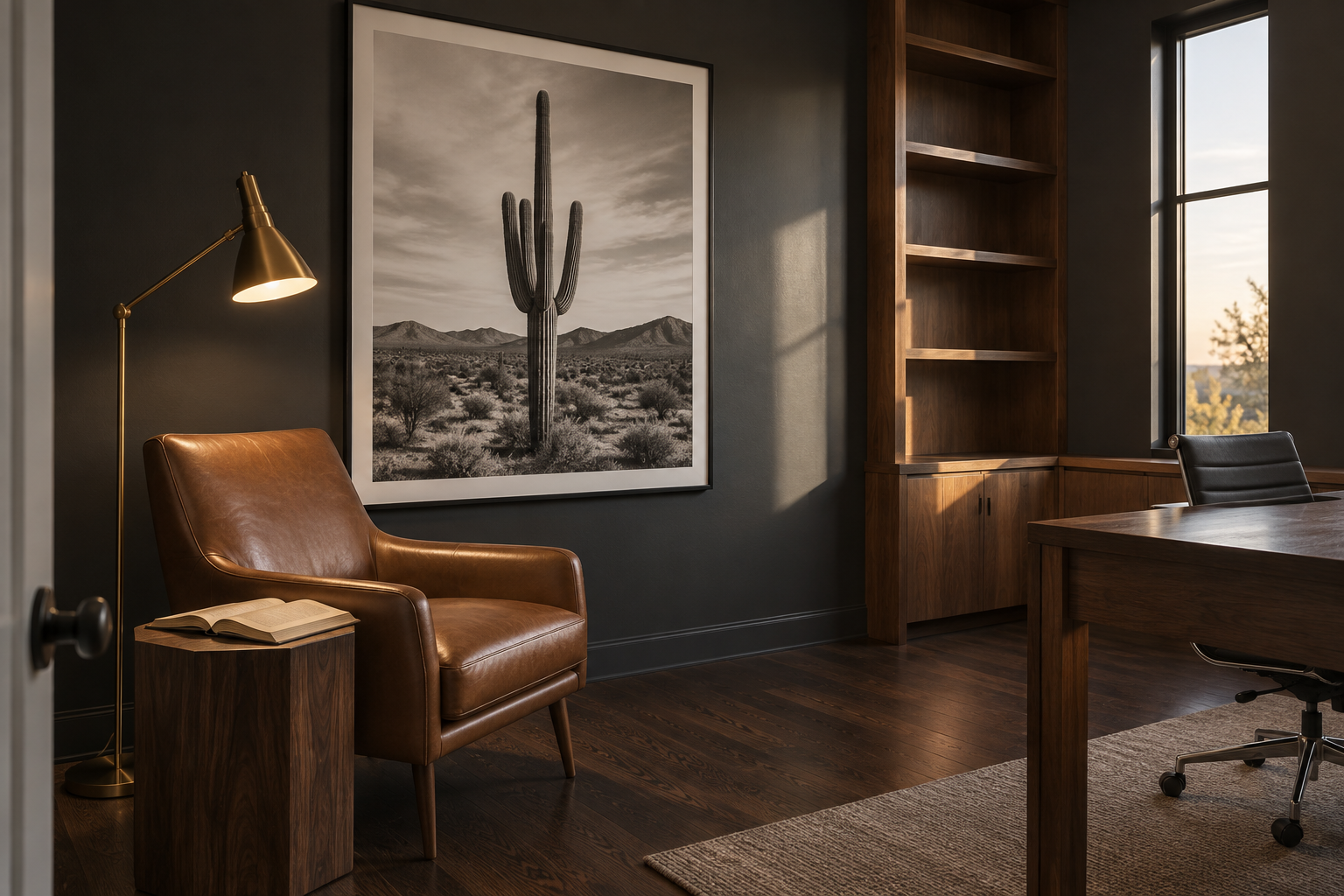 A home office reading nook with a large black-and-white desert photography print on a deep charcoal wall, beside a leather accent chair and a brass floor lamp.