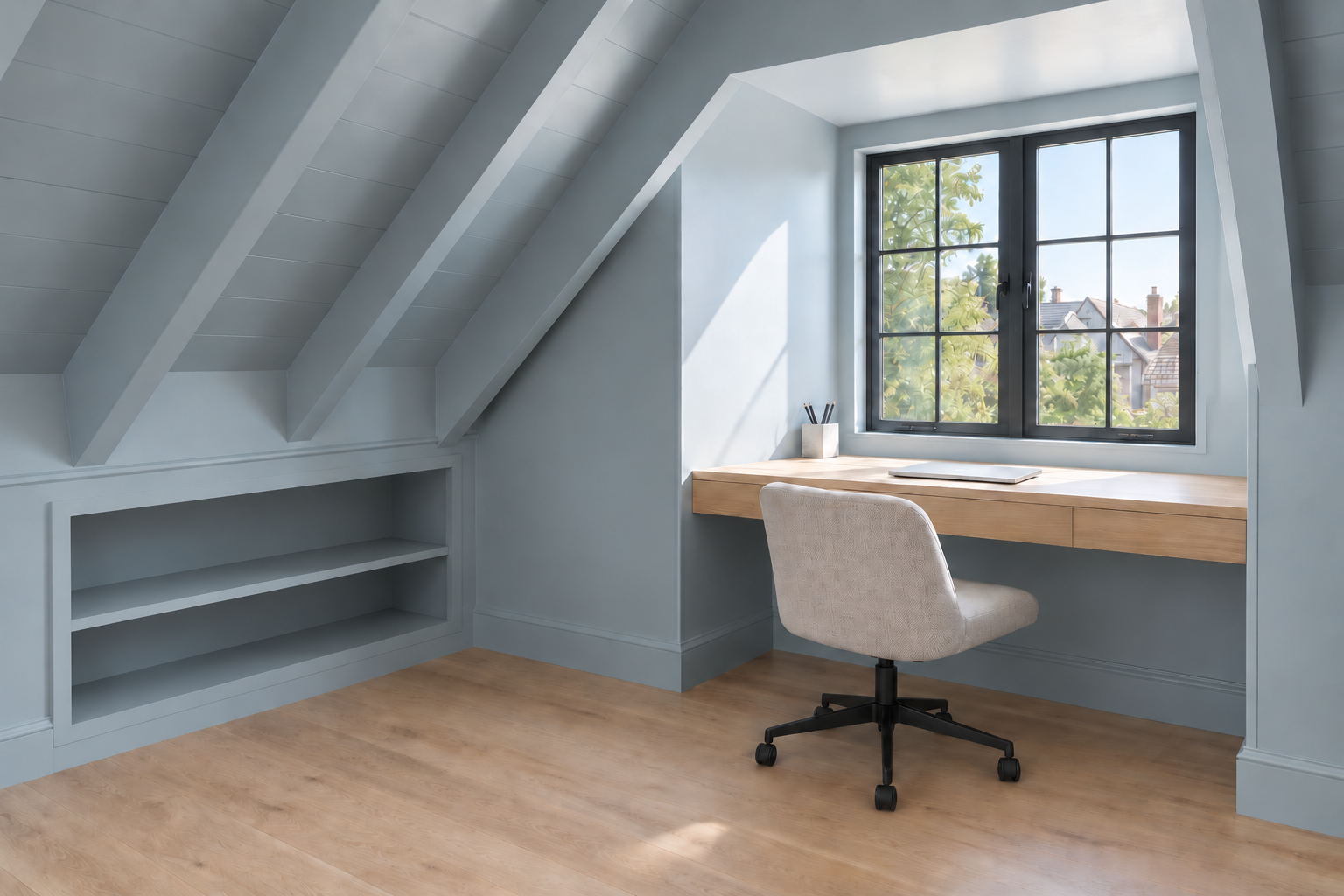 A built-in desk under a real dormer window in an attic, with the sloped ceiling and exposed rafters visible overhead.