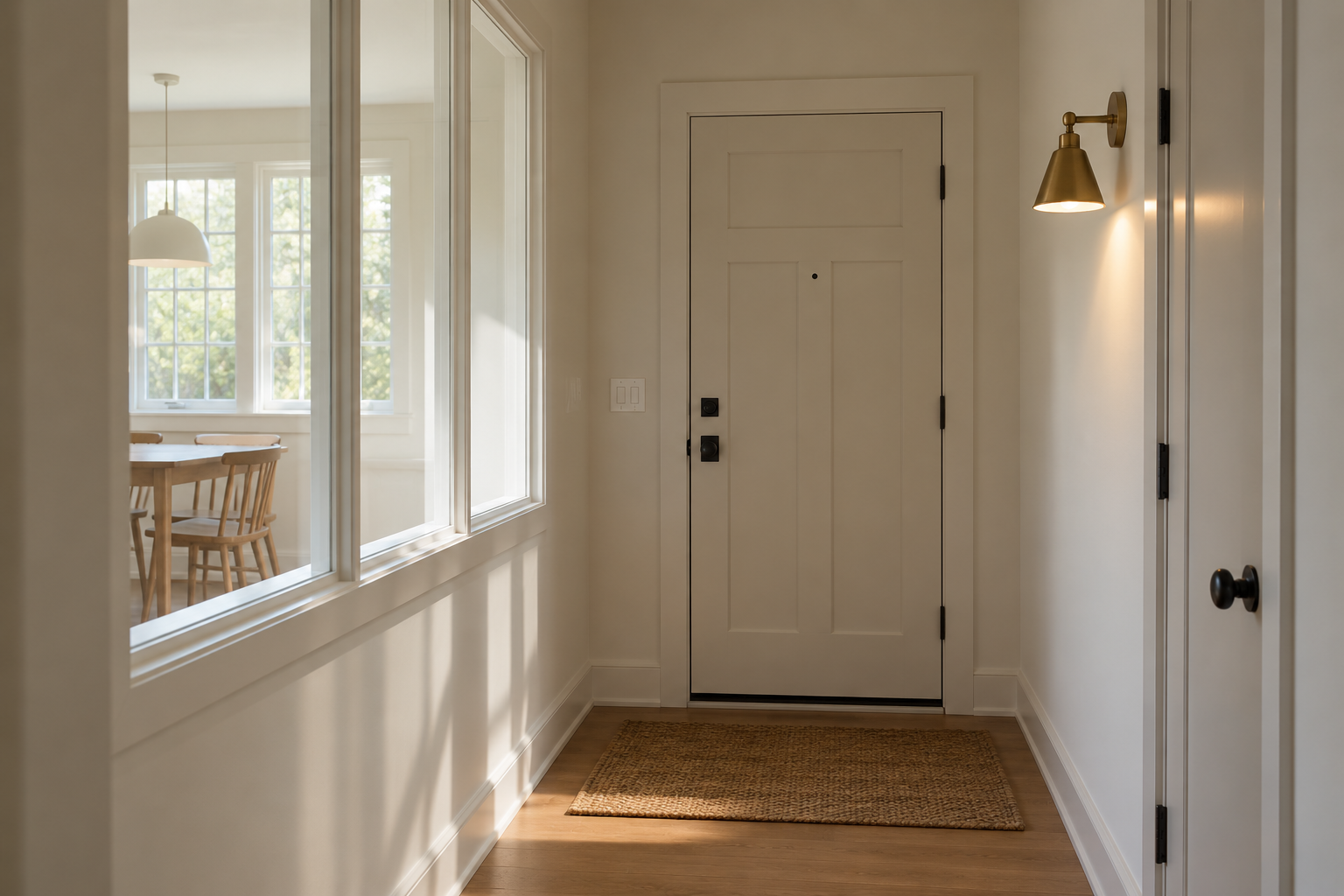 A windowless entry borrowing daylight through an interior glass panel from an adjoining room.