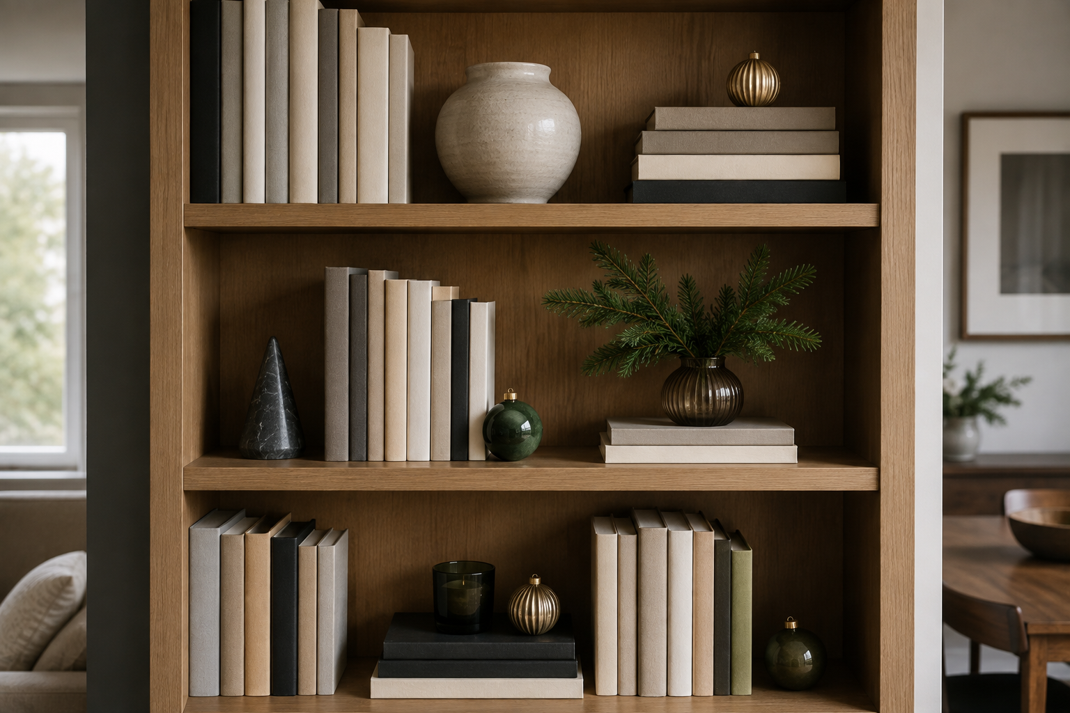 A bookshelf with a few small ornaments tucked between books for Christmas
