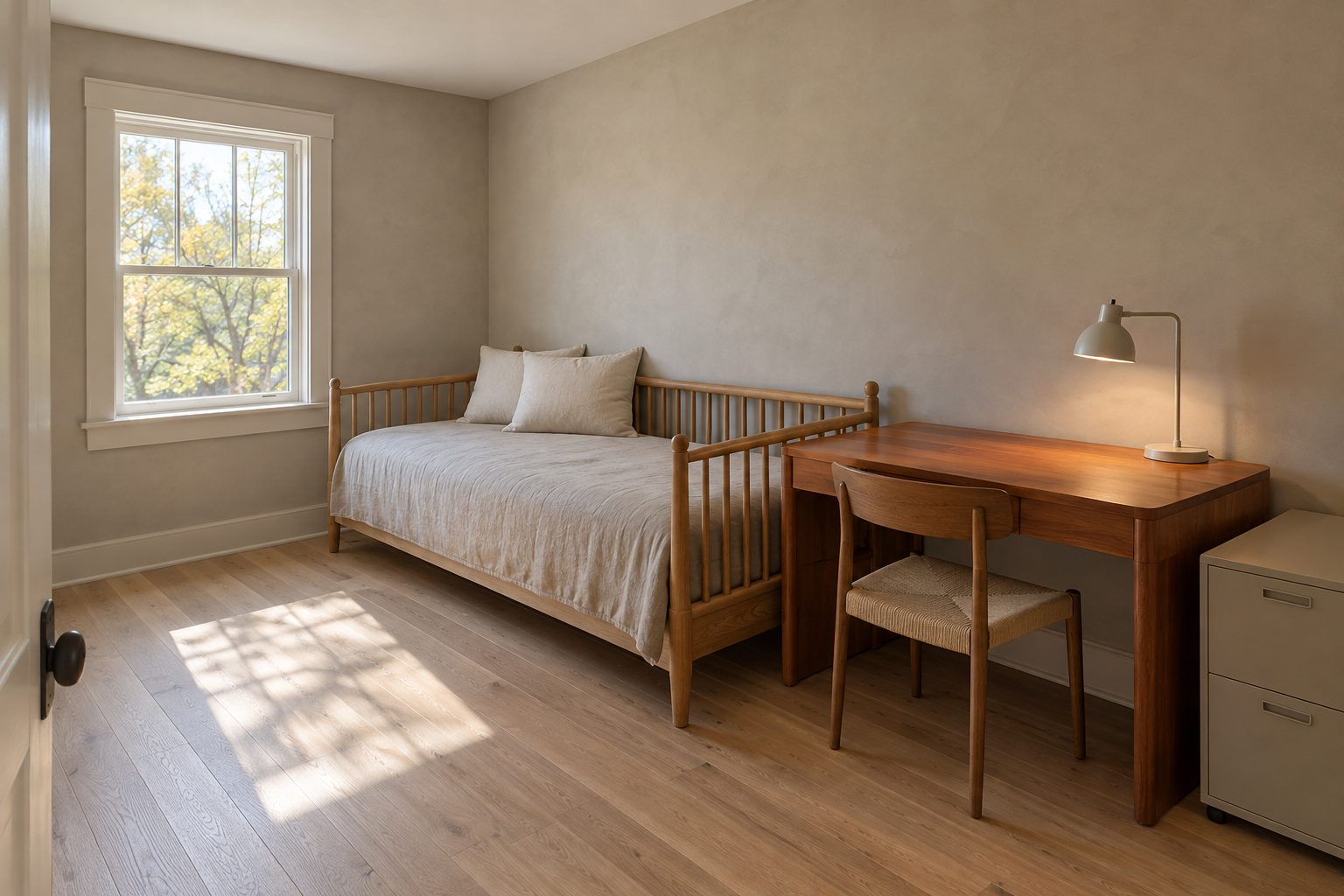 A spare room with a linen daybed and a cherry desk that doubles as a bedside table.