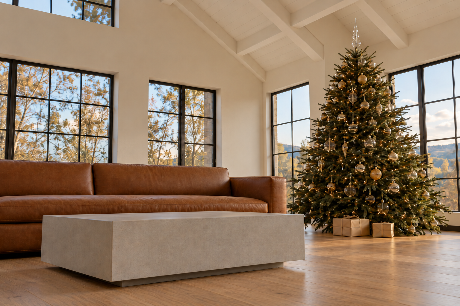 A tall Christmas tree topped with a clear glass finial under a vaulted ceiling with white beams.