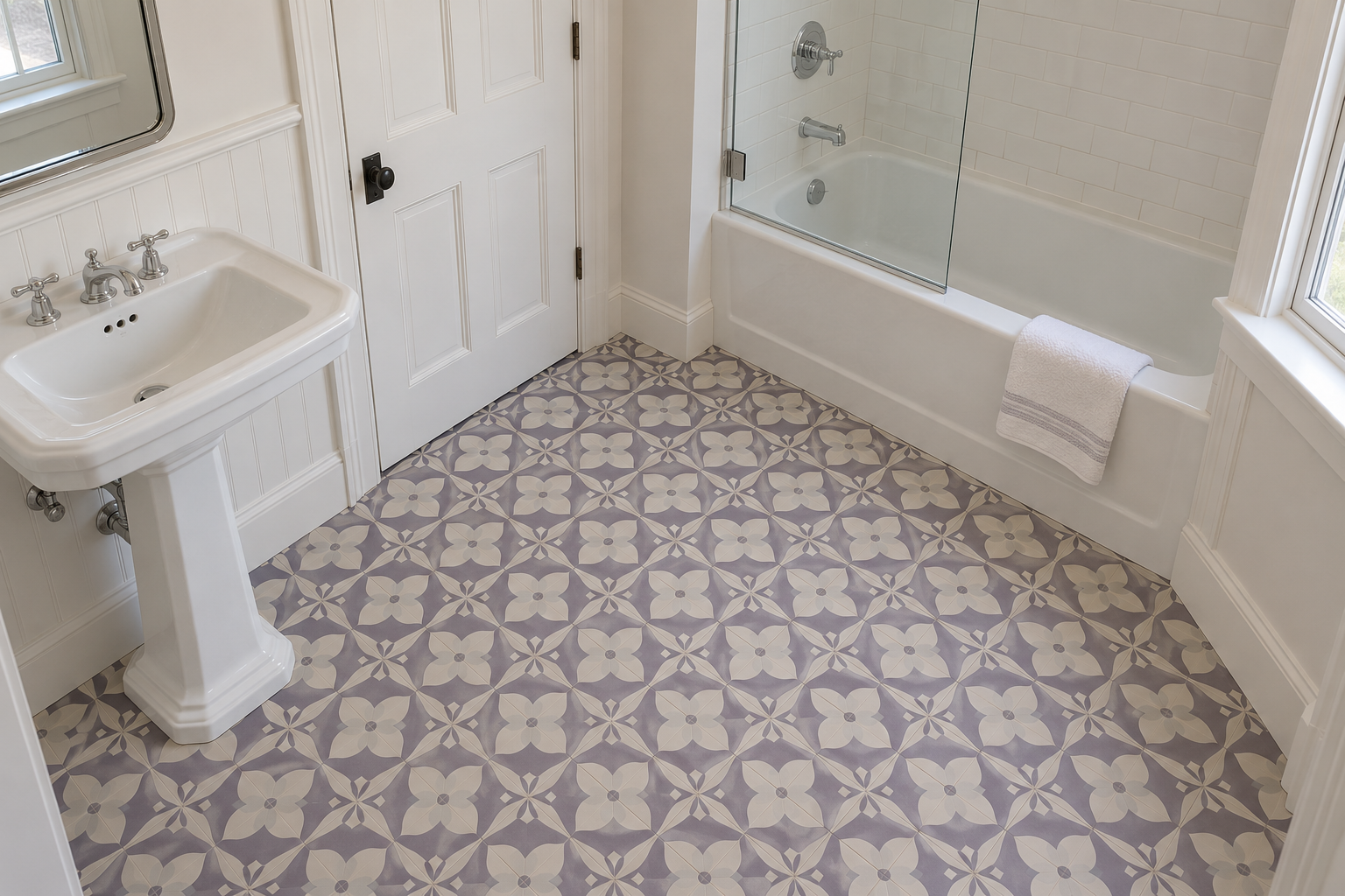A bathroom floor laid in lavender-gray and cream patterned cement tile, seen from above.