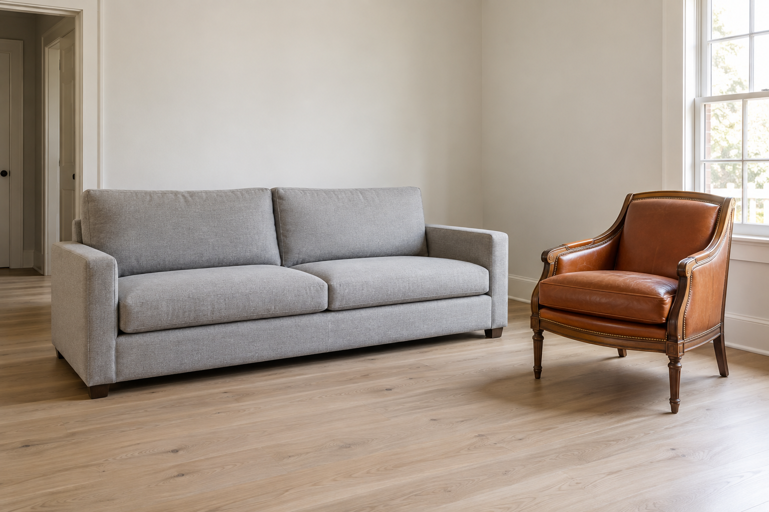 A plain gray sofa in a neutral living room beside one newly introduced traditional cognac leather and walnut accent chair with brass detail.