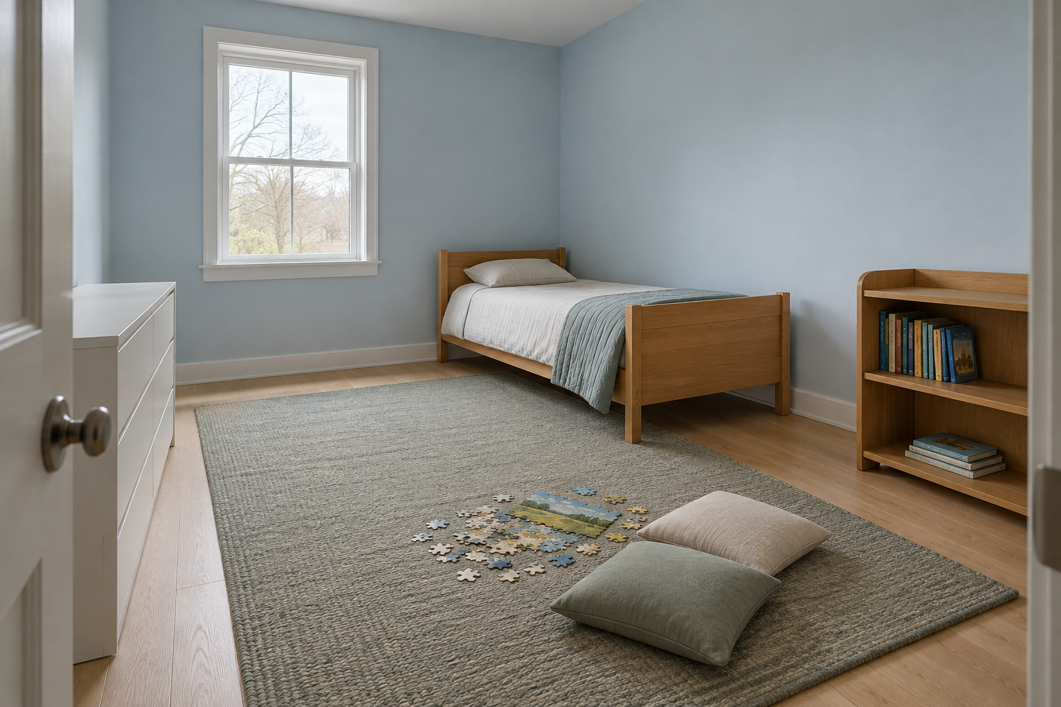 A small child's bedroom with the bed in a corner and furniture along the walls, leaving the middle of the floor open.