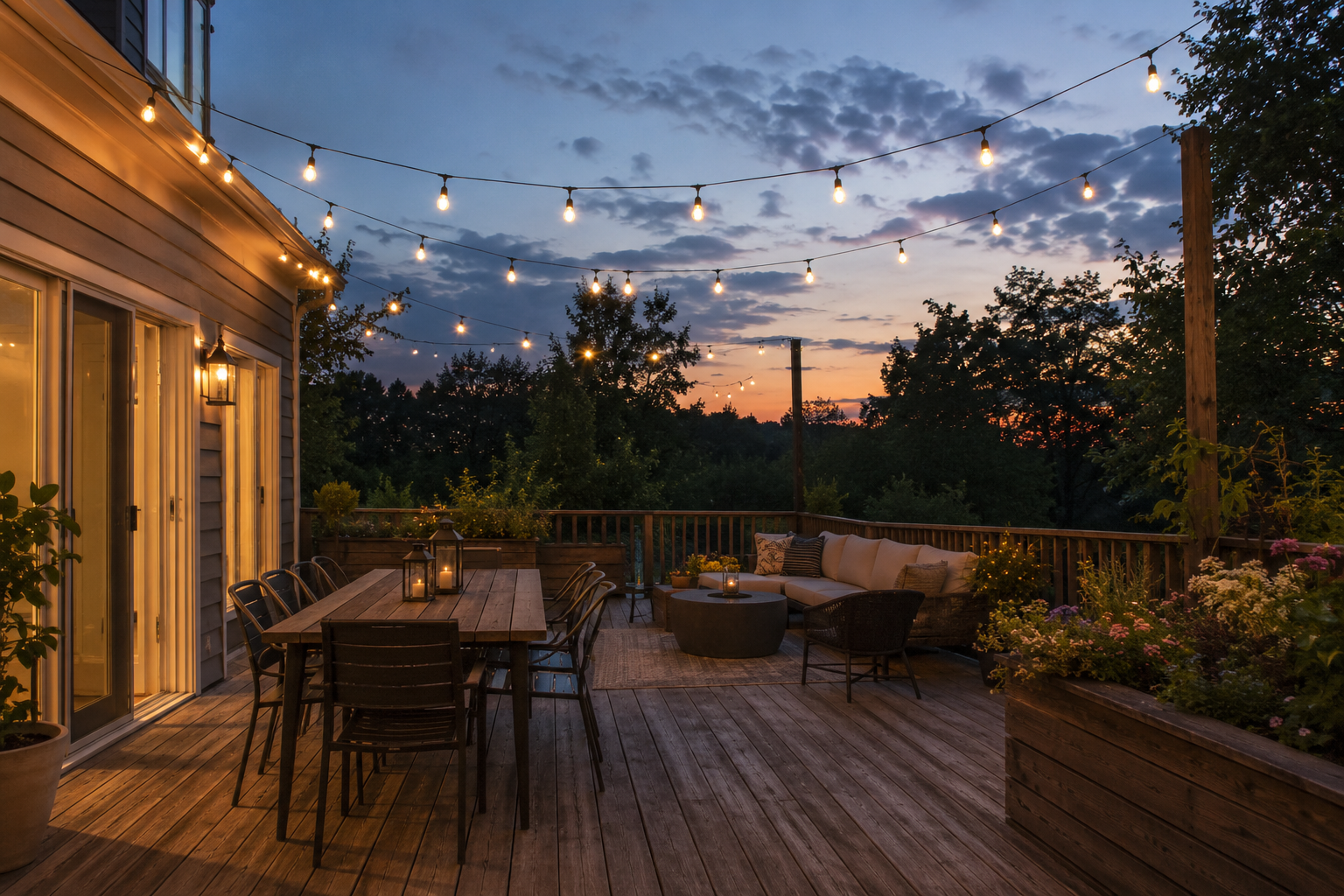 String lights crossing overhead above a patio at dusk, defining the space