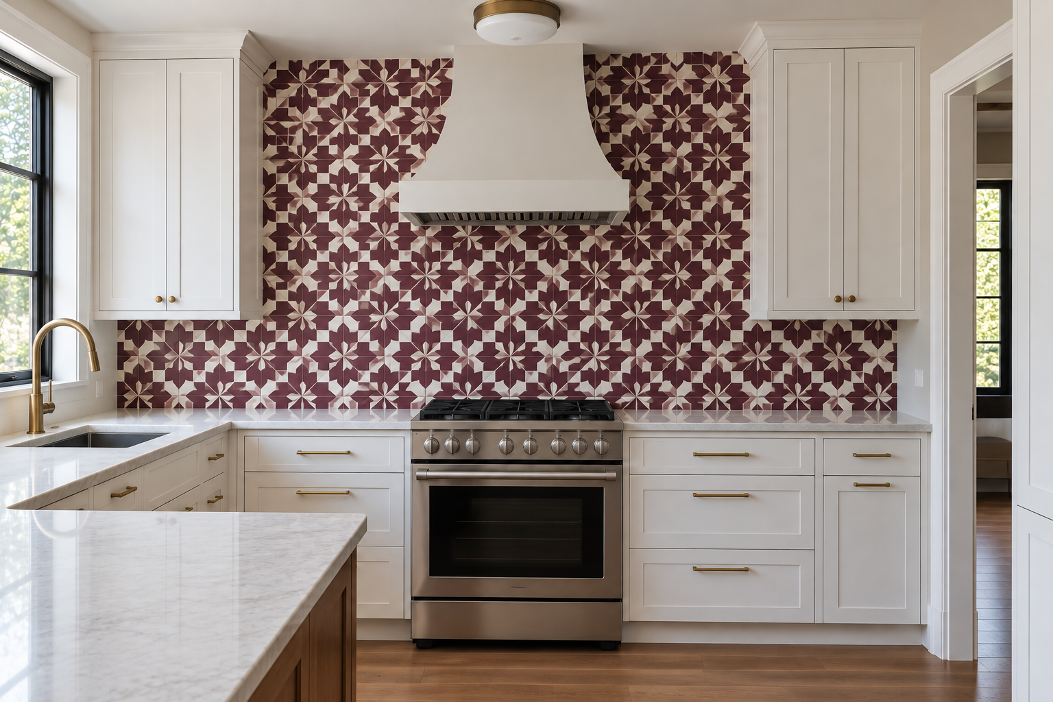 A plum and cream geometric pattern tile backsplash functioning as a kitchen's sole visual statement, with no additional wall art.